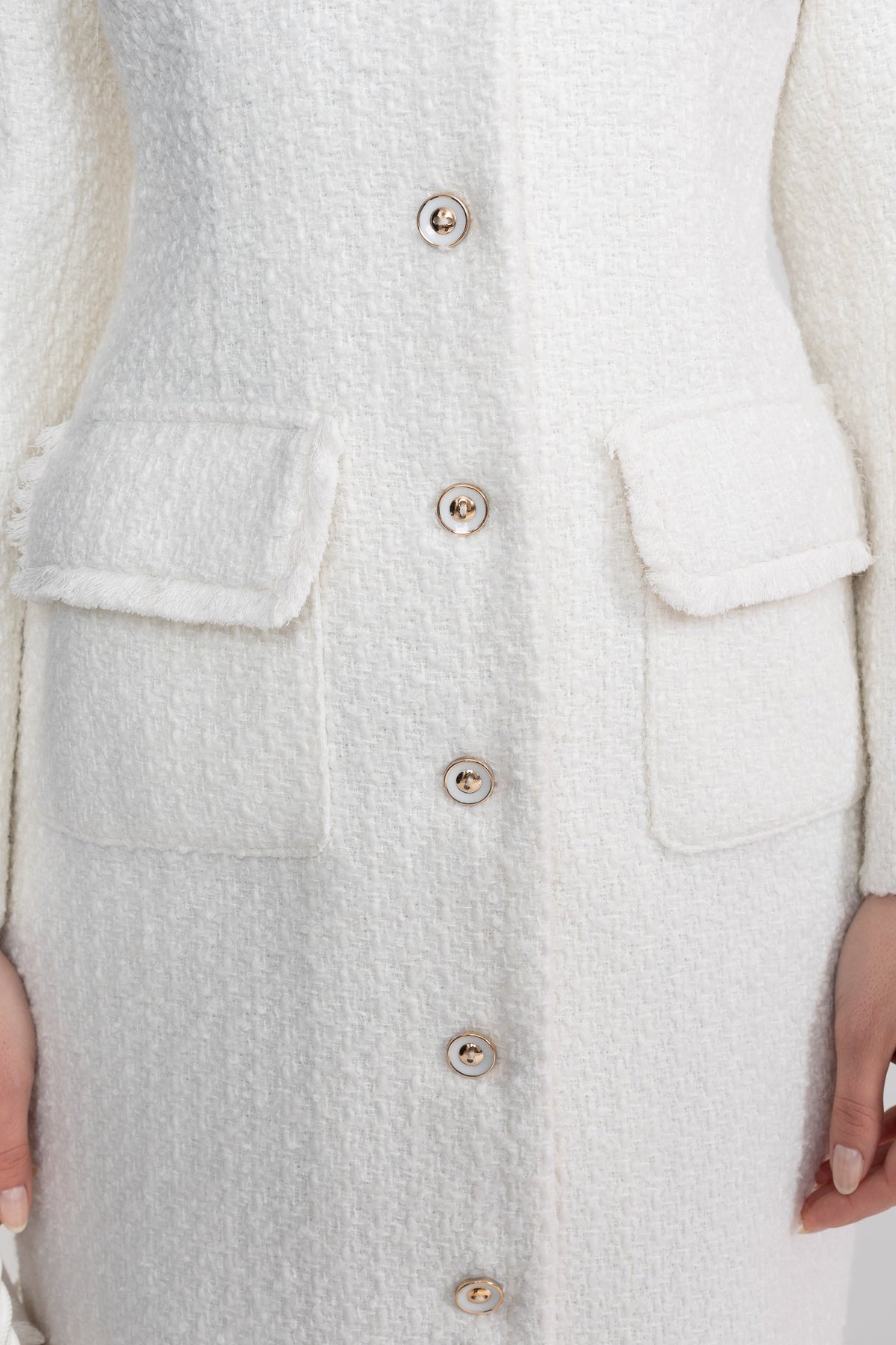Bouclé Midi Coat with Notched Collar and Crest Buttons – White – view 7