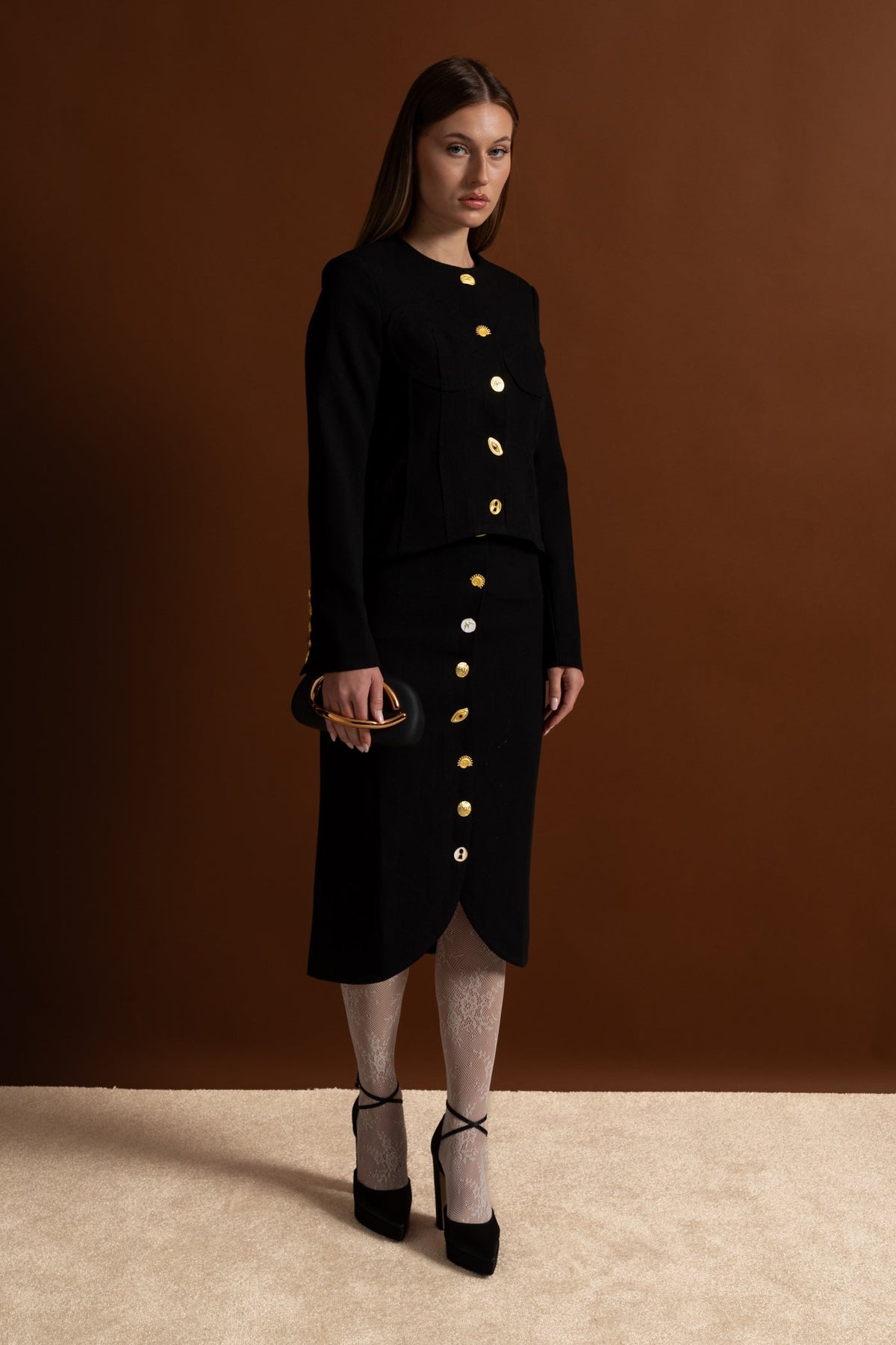 Structured Jacket and Midi Skirt Co-ord Set with Gold Buttons – Black – view 16