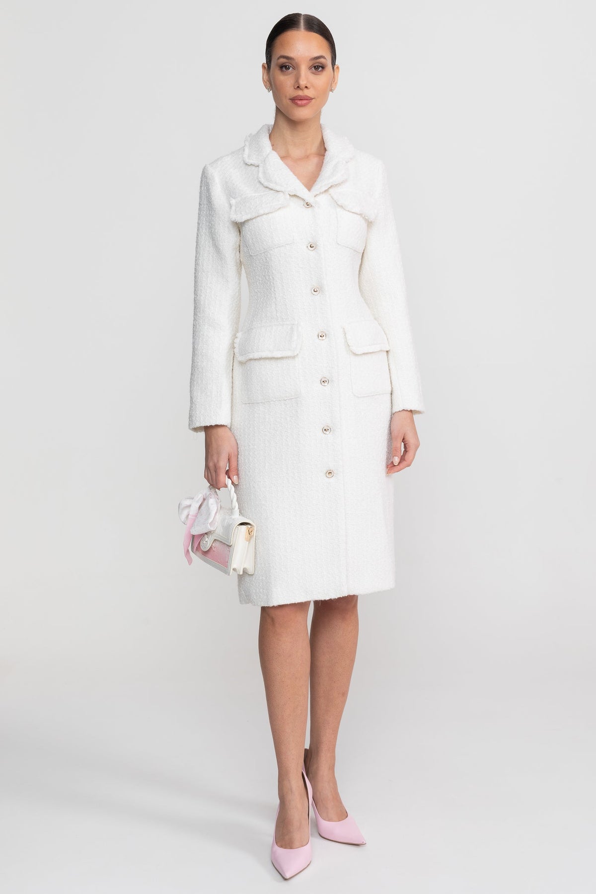 Bouclé Midi Coat with Notched Collar and Crest Buttons – White – view 1