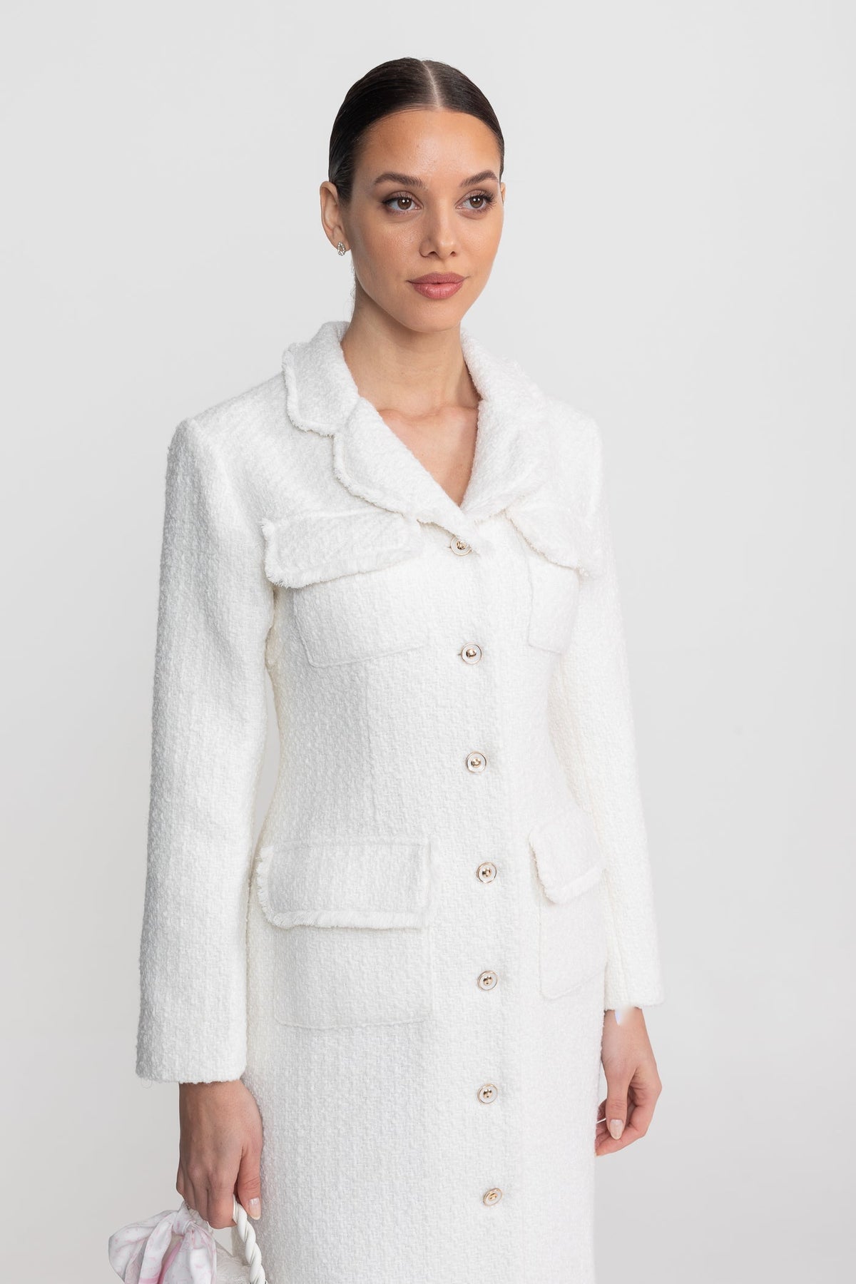 Bouclé Midi Coat with Notched Collar and Crest Buttons – White