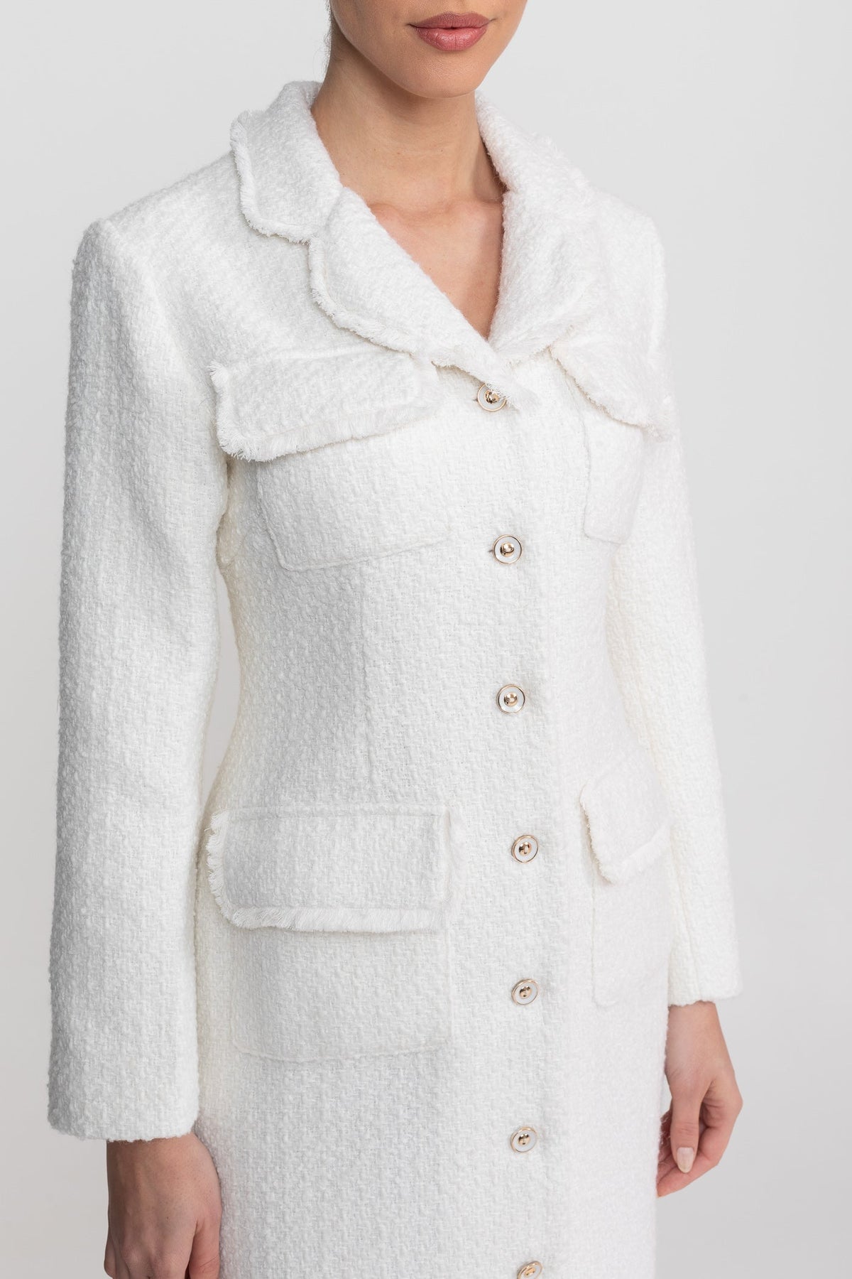 Bouclé Midi Coat with Notched Collar and Crest Buttons – White – view 9