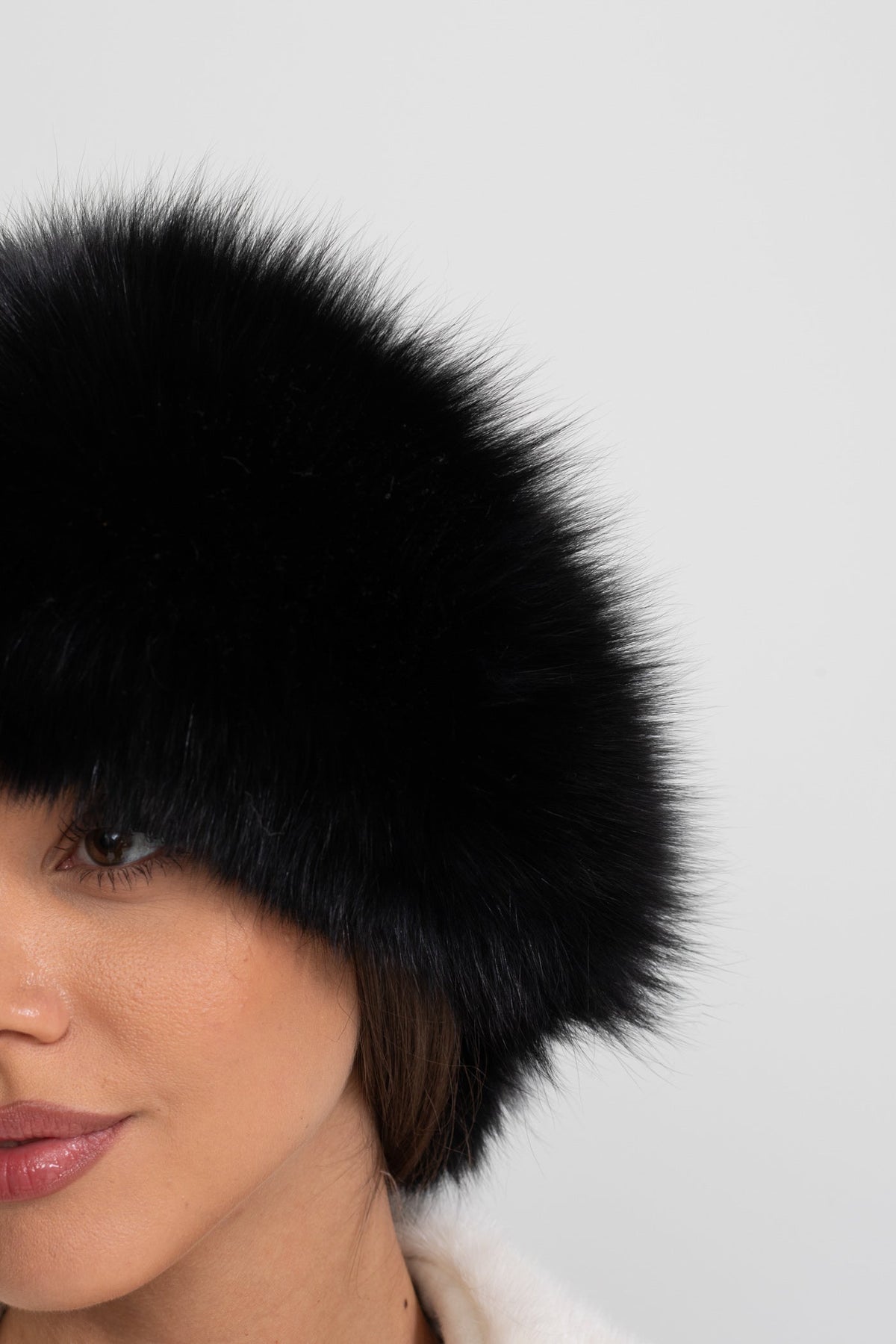 Vegan Leather Hat with Plush Trim and Pom-Pom Ties – Black – view 3