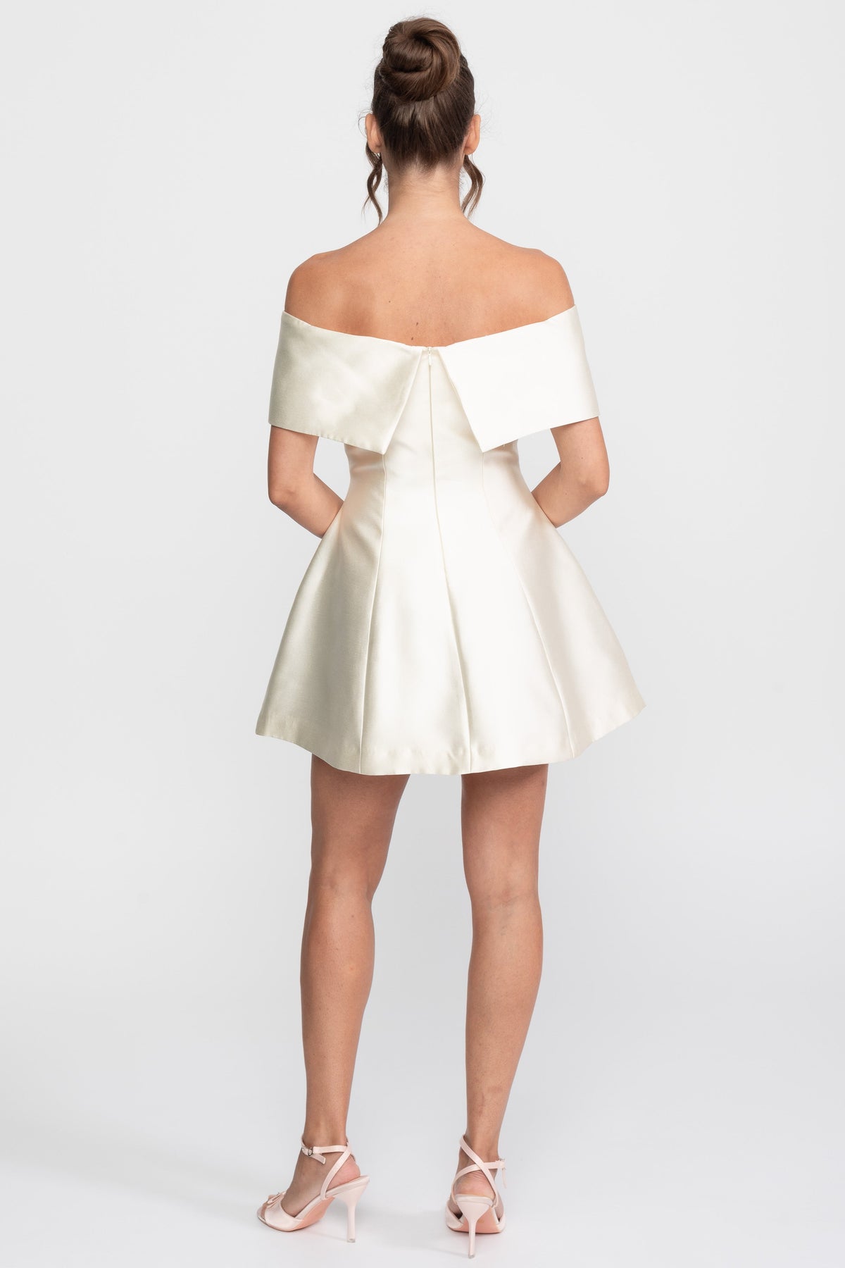 Off-Shoulder Satin Fit and Flare Mini Dress with Crystal Brooch – Ivory – view 5