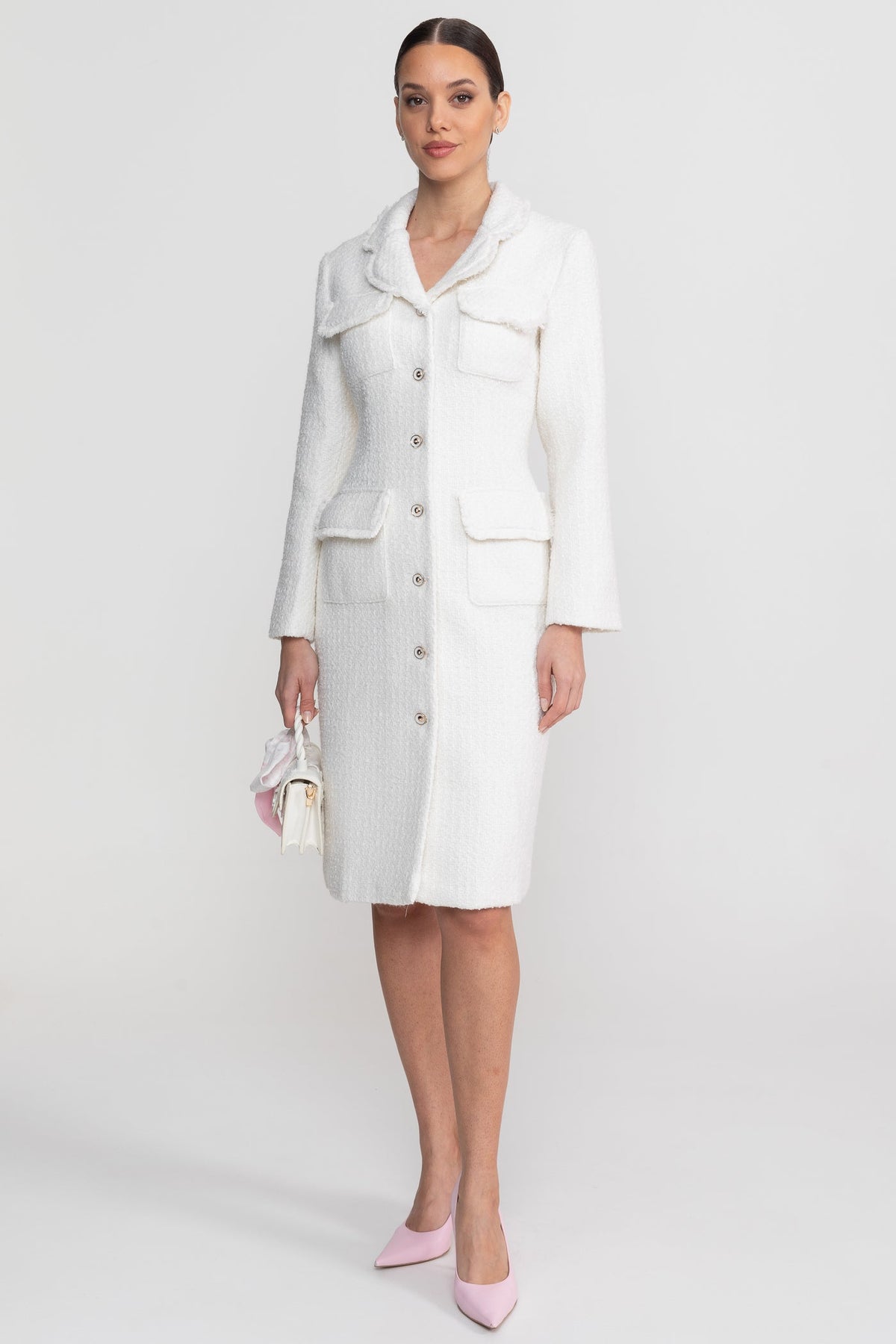 Bouclé Midi Coat with Notched Collar and Crest Buttons – White