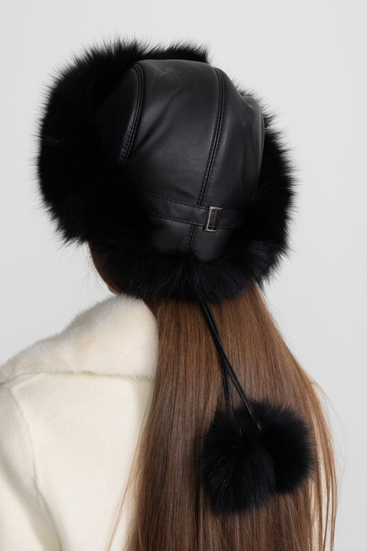 Vegan Leather Hat with Plush Trim and Pom-Pom Ties – Black – view 2