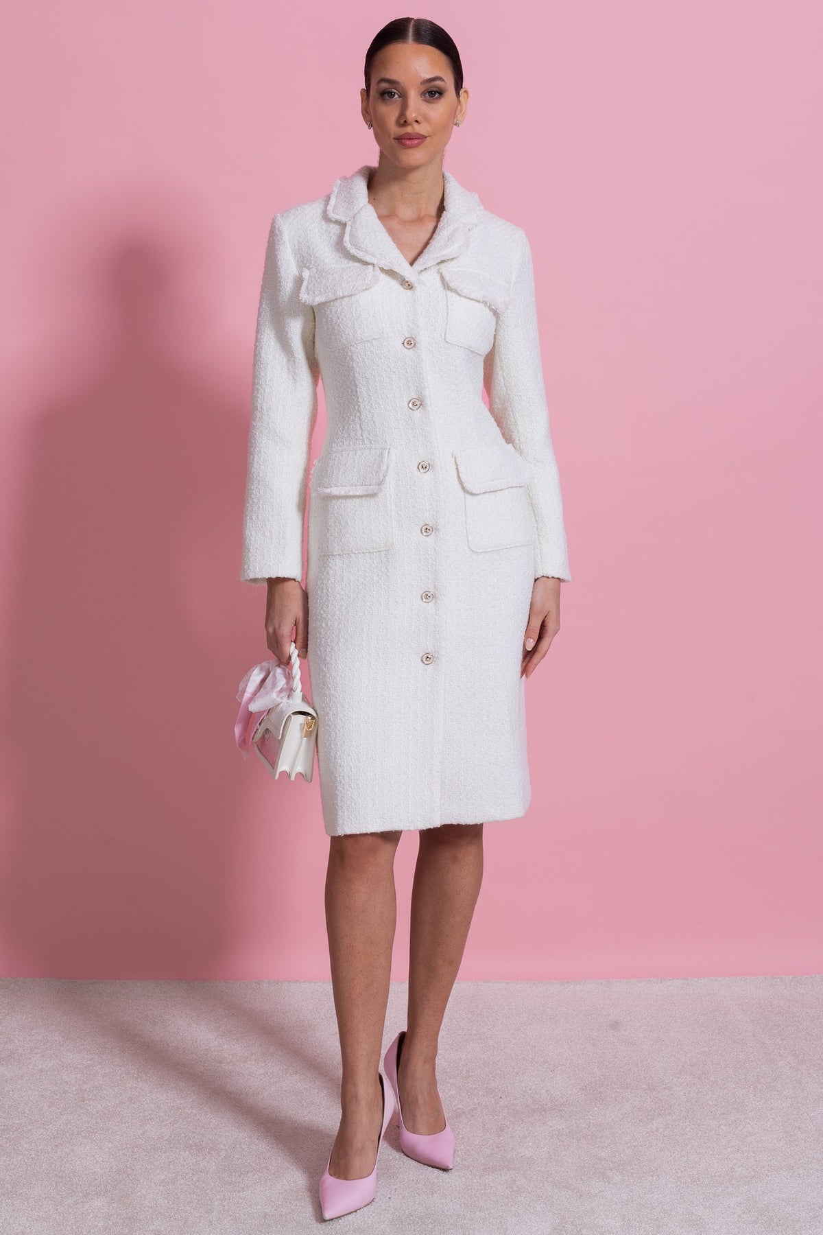 Bouclé Midi Coat with Notched Collar and Crest Buttons – White