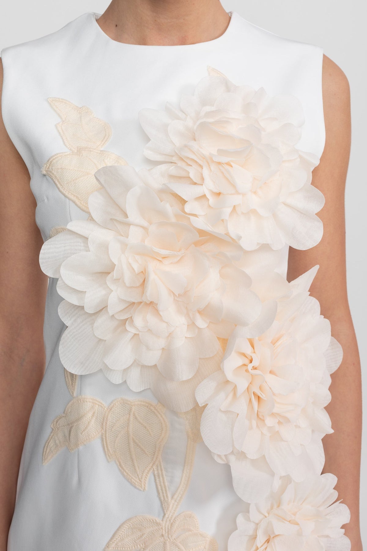 Sleeveless Round Neck Mini Dress with 3D Floral Appliqué – White