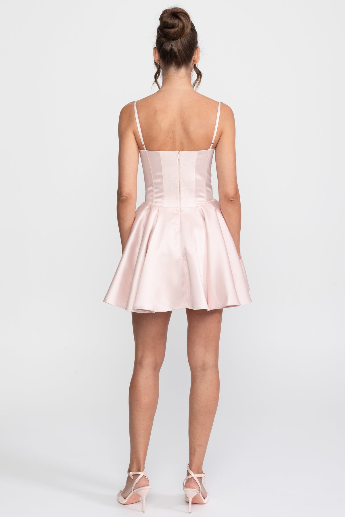 Satin Sweetheart Fit-and-Flare Mini Dress with Lace Trim – Pink – view 7