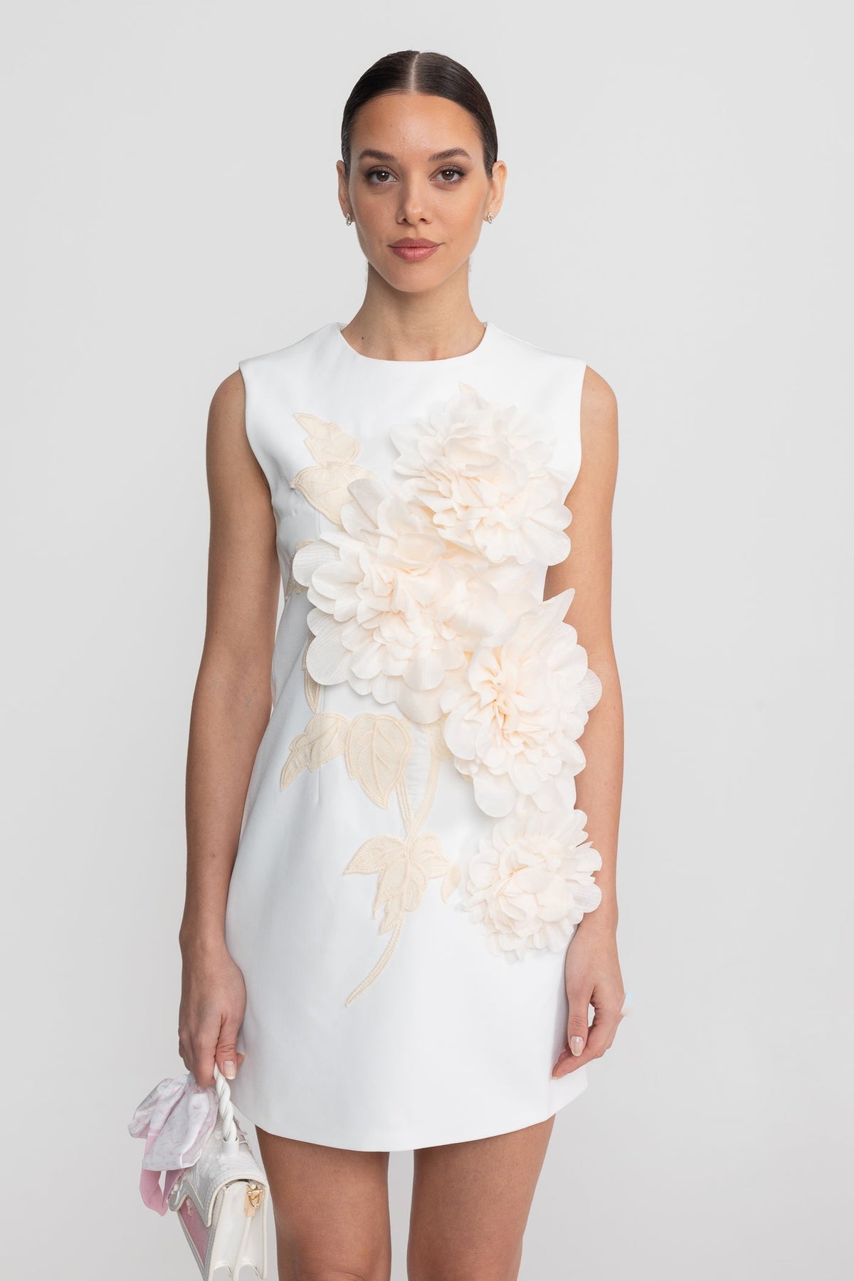 Sleeveless Round Neck Mini Dress with 3D Floral Appliqué – White