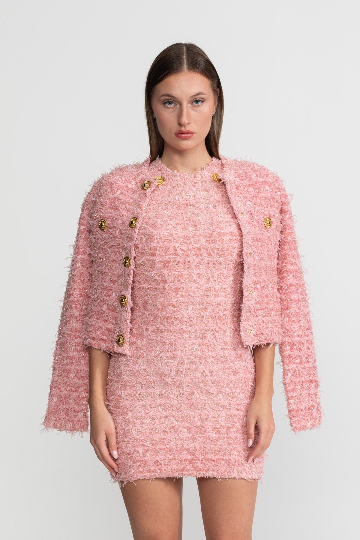Round Neck Textured Tweed Jacket with Gold Buttons – Pink – view 2