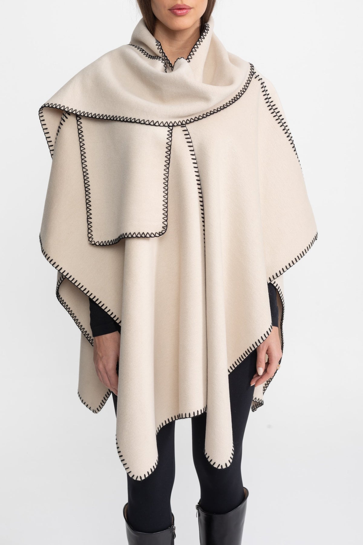 Wool Blend Poncho with Contrast Whipstitch Edging – Ivory – view 4