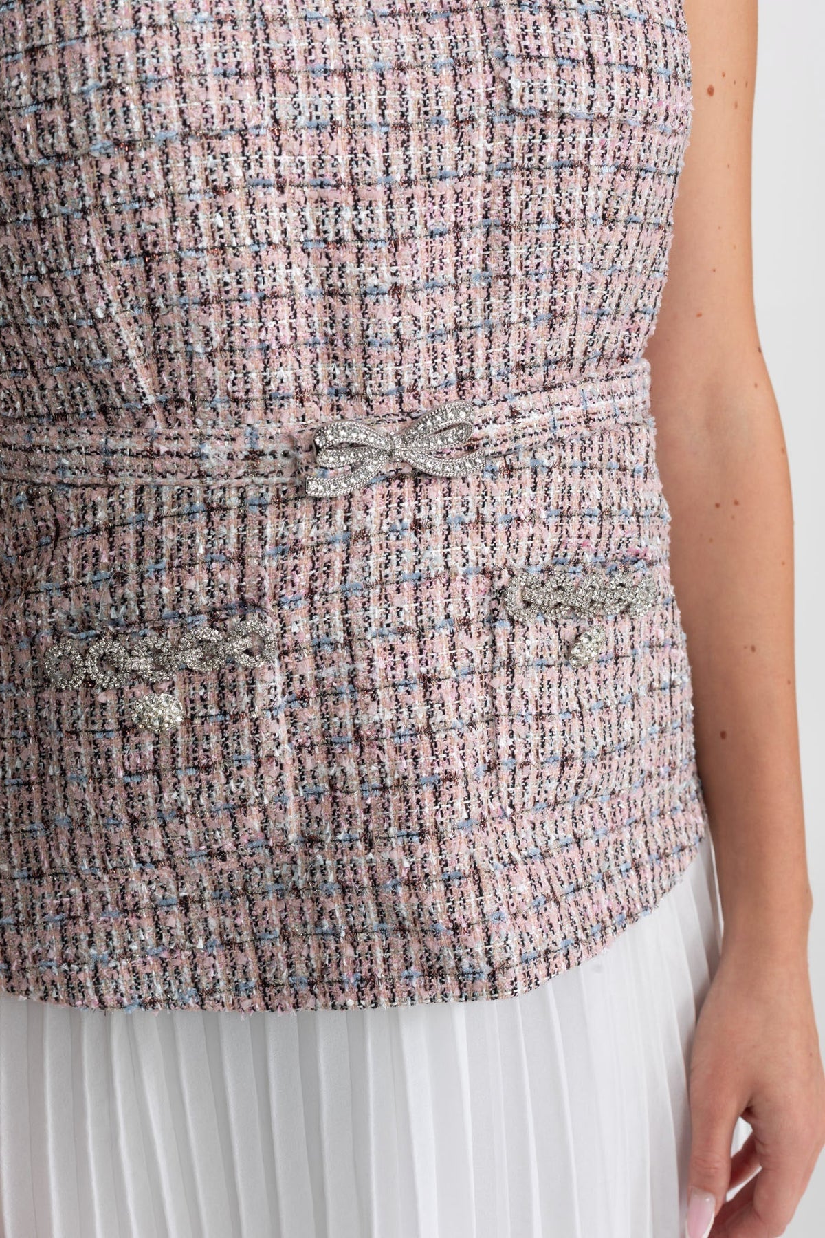 Sleeveless Tweed Vest Dress with Pleated Chiffon Skirt – Pink & White – view 4