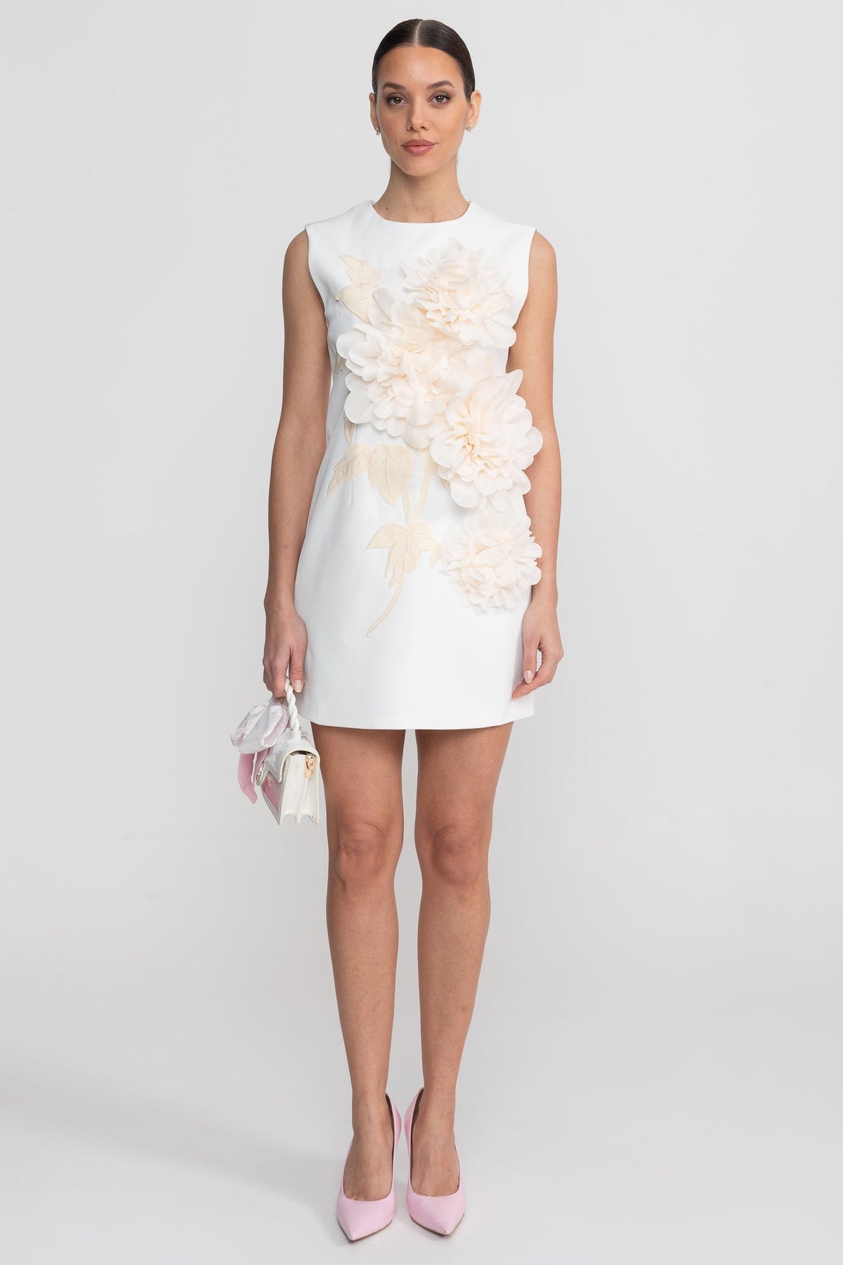 Sleeveless Round Neck Mini Dress with 3D Floral Appliqué – White – view 1