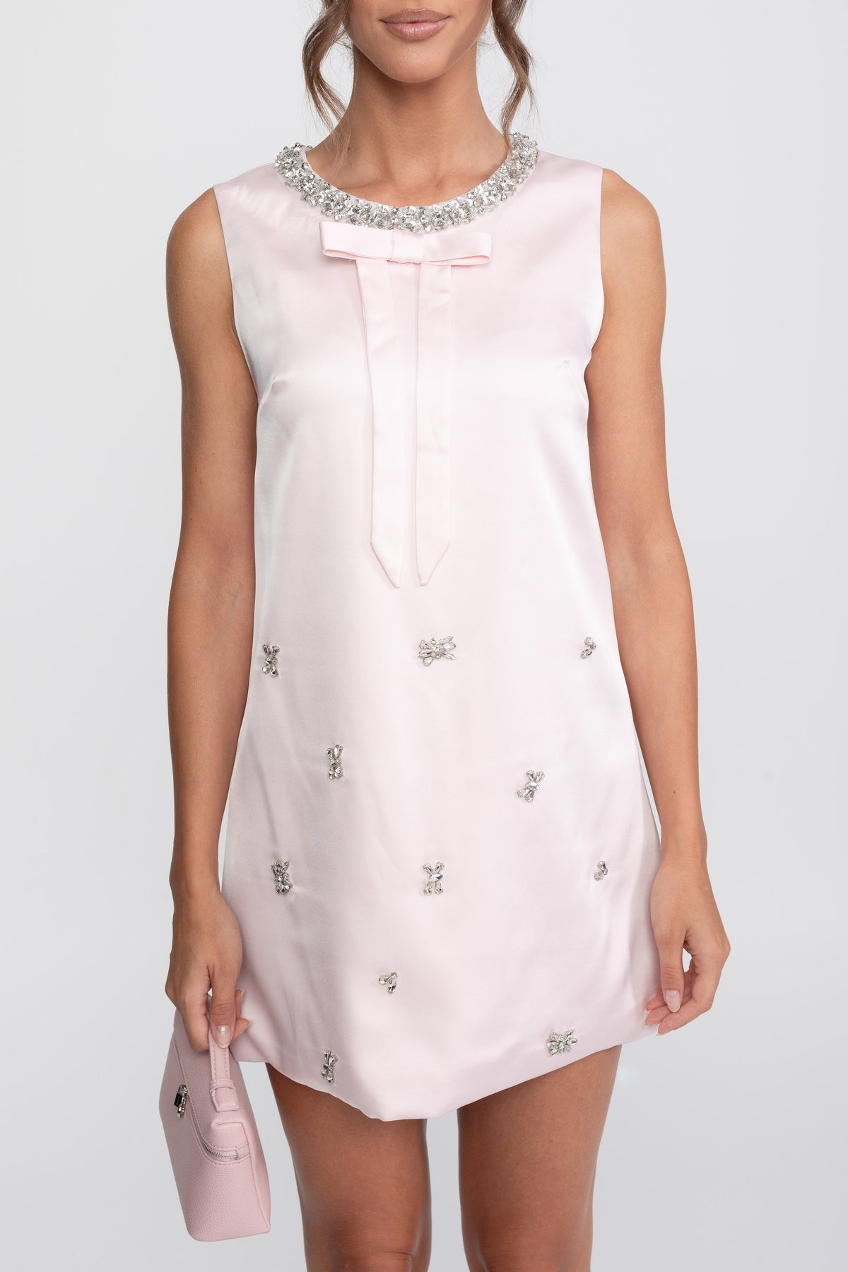 Satin Shift Mini Dress with Crystal Clusters and Bow – Pink – view 7