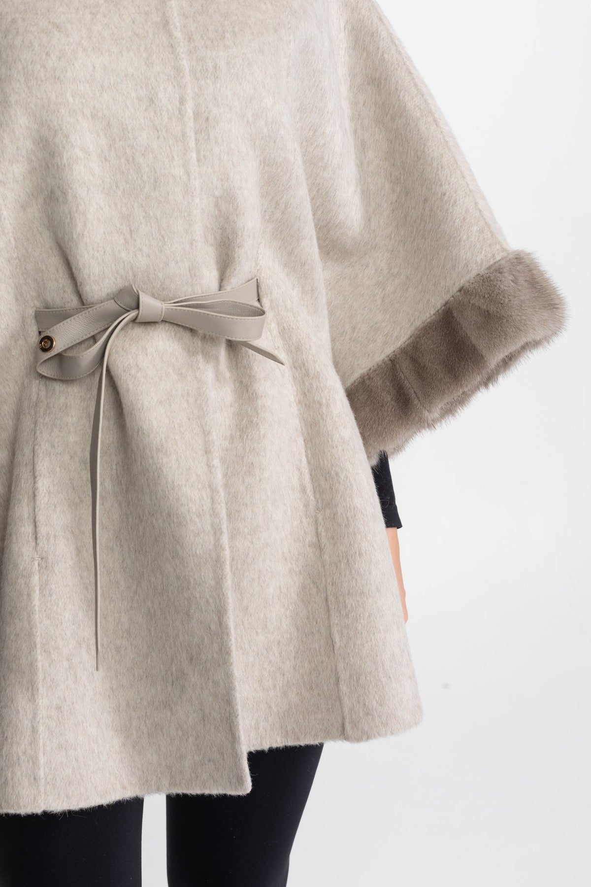 Wool Blend Cape Coat with Collar Trim and Tie Belt – Light Grey – view 3