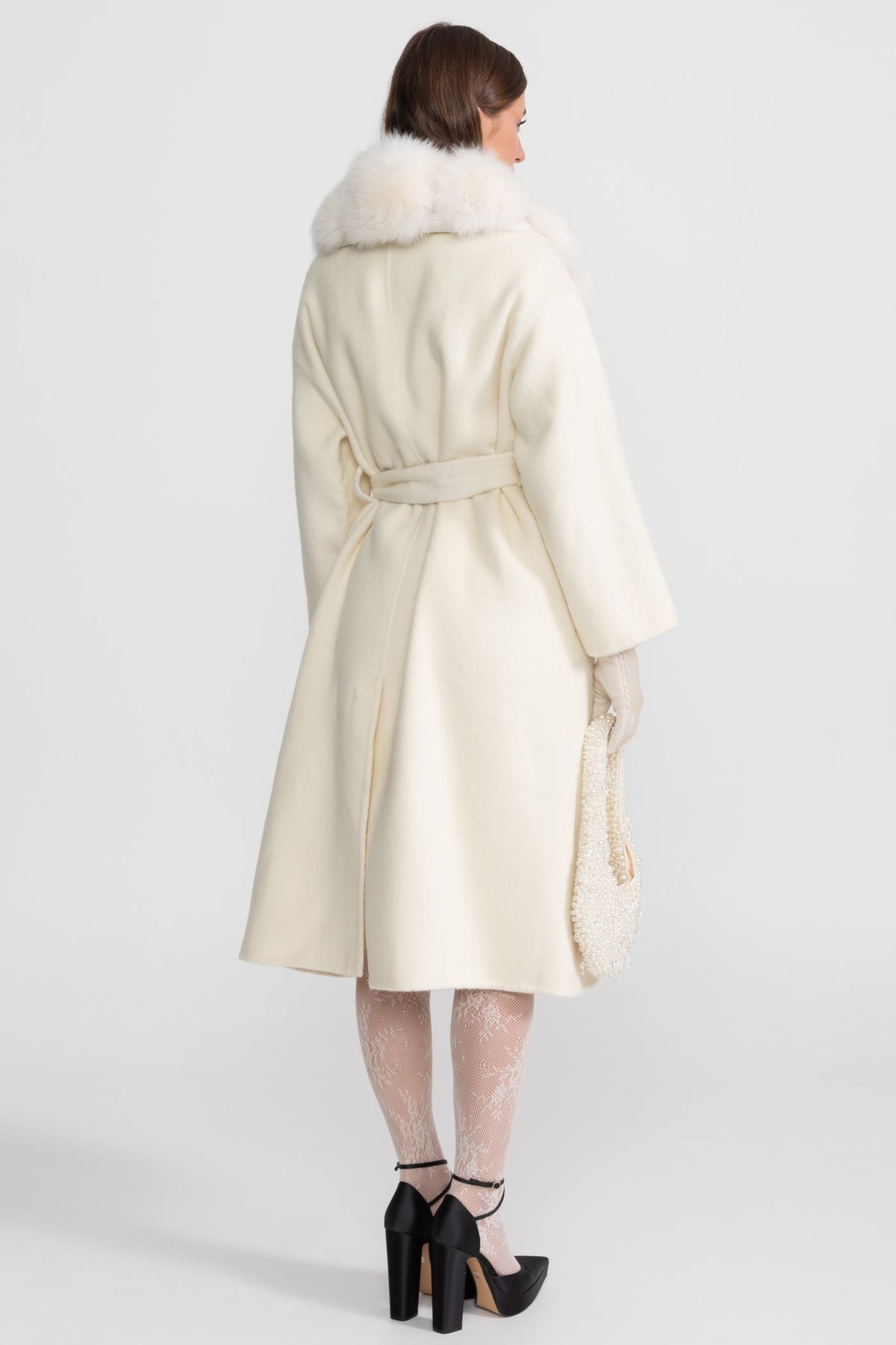 Double-Faced Wool Wrap Coat with Collar Trim and Tie Belt – Ivoire – view 6