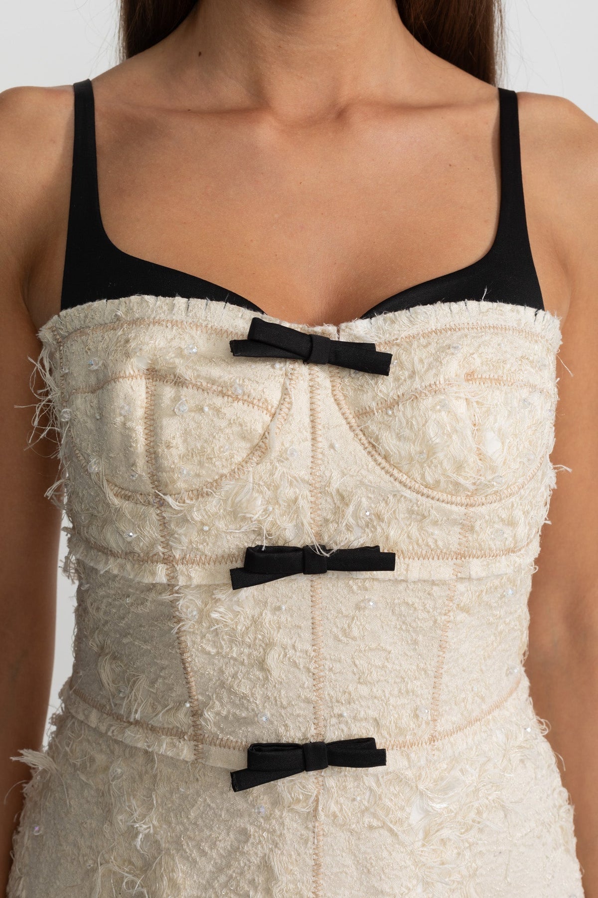 Tweed Bustier Midi Dress with Contrast Straps and Velvet Bows – Ivoire – view 7