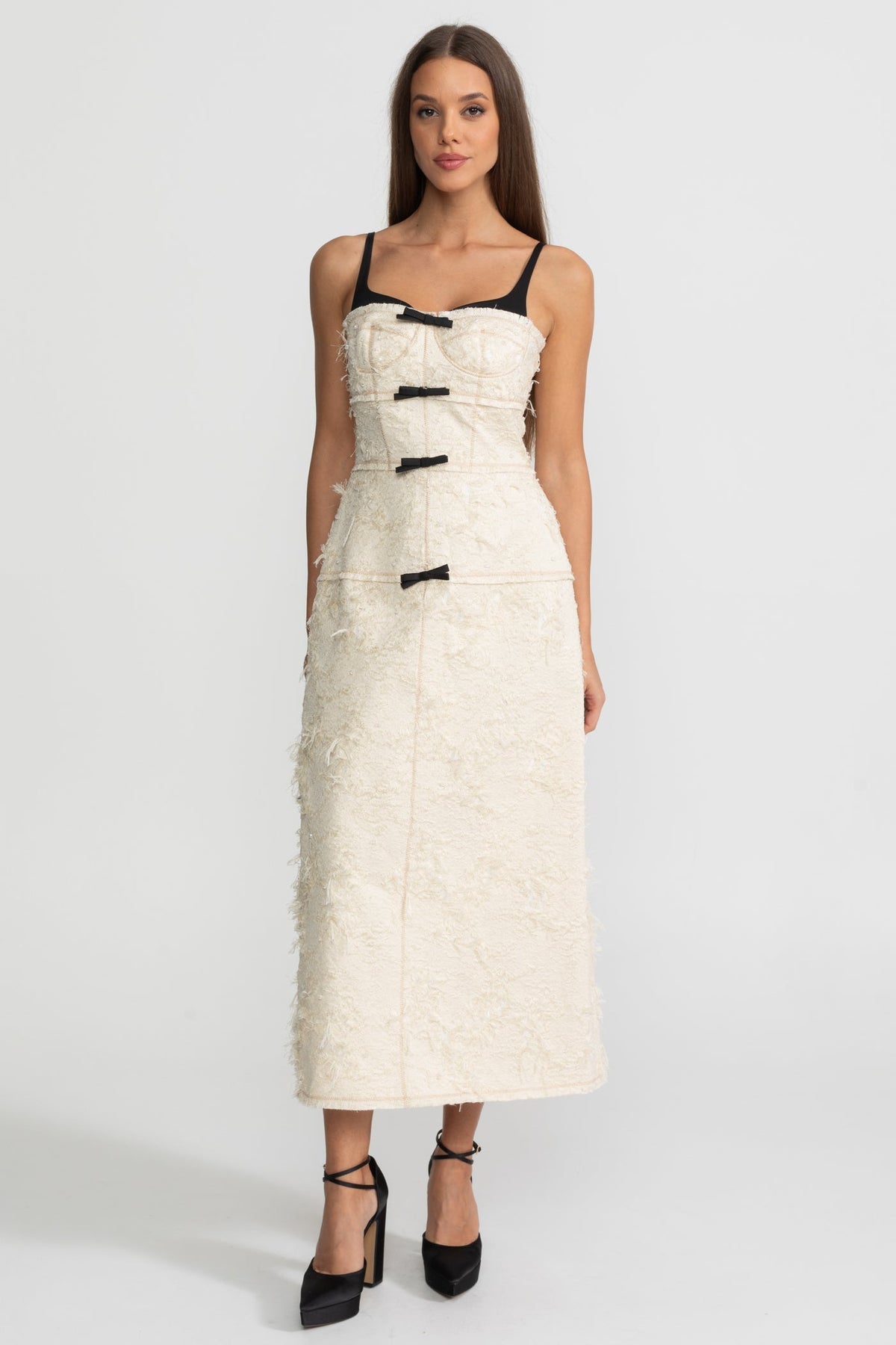 Tweed Bustier Midi Dress with Contrast Straps and Velvet Bows – Ivoire