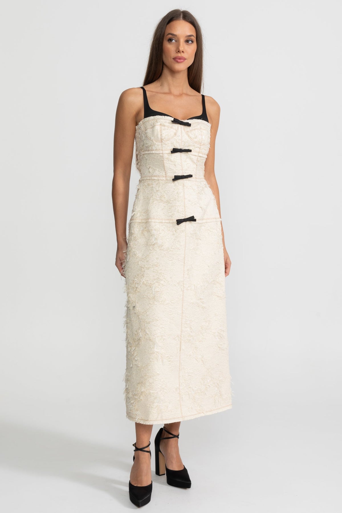 Tweed Bustier Midi Dress with Contrast Straps and Velvet Bows – Ivoire – view 4
