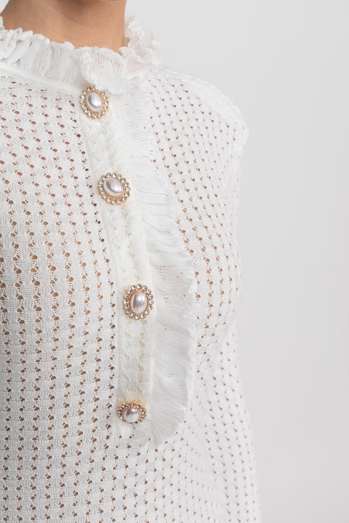 Open-Knit Ruffle High Neck Mini Dress with Pearl Button Placket – White – view 5