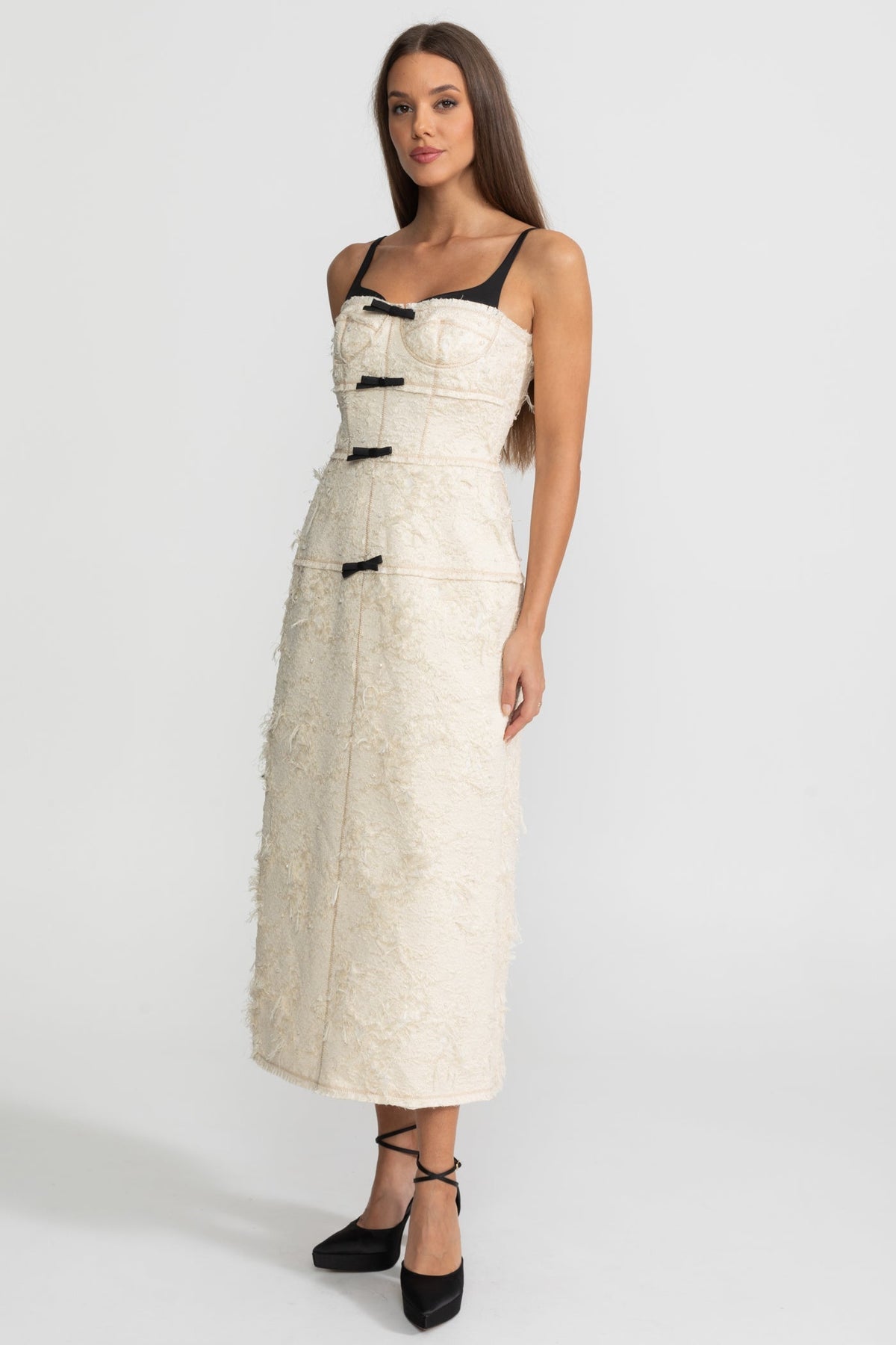 Tweed Bustier Midi Dress with Contrast Straps and Velvet Bows – Ivoire – view 5