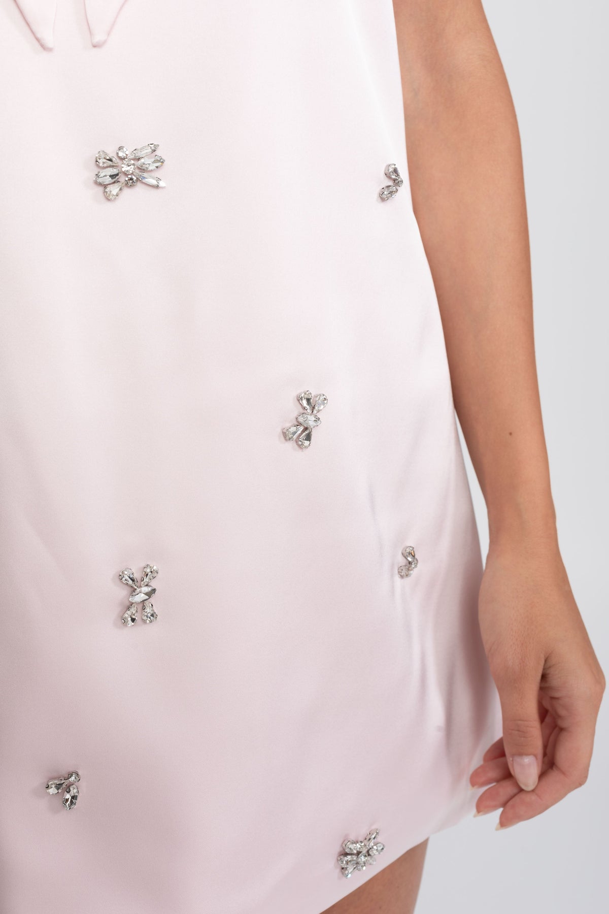 Satin Shift Mini Dress with Crystal Clusters and Bow – Pink – view 12