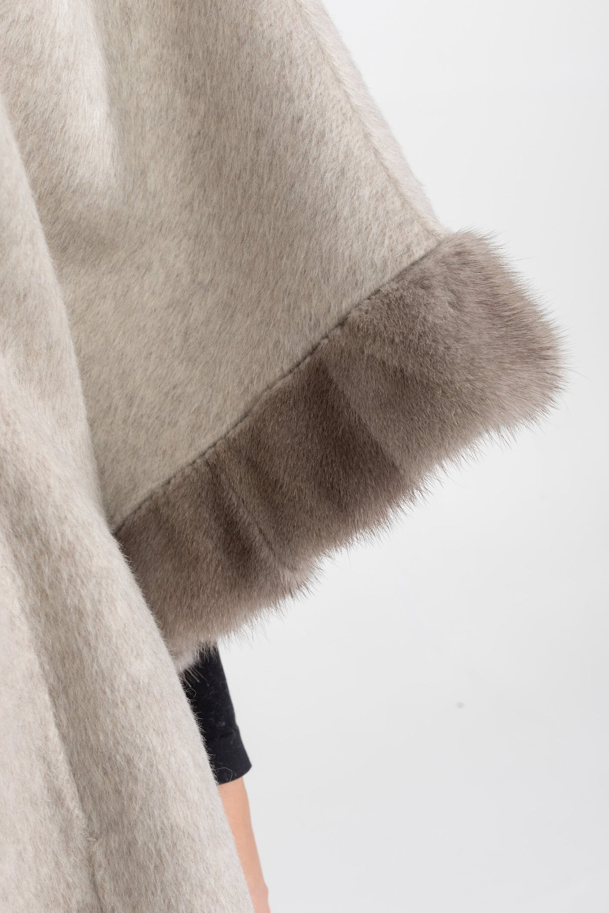 Wool Blend Cape Coat with Collar Trim and Tie Belt – Light Grey – view 5