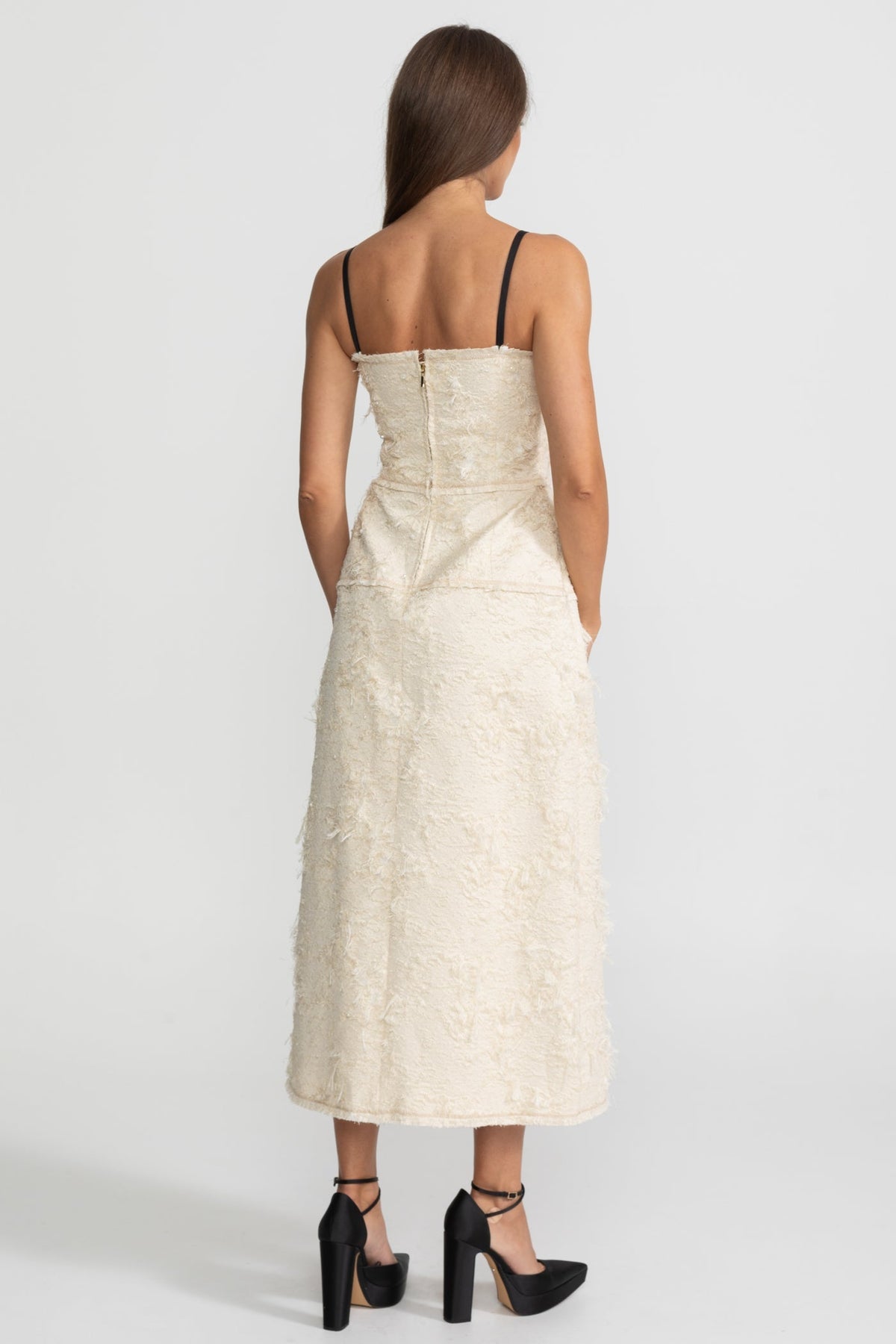 Tweed Bustier Midi Dress with Contrast Straps and Velvet Bows – Ivoire – view 8