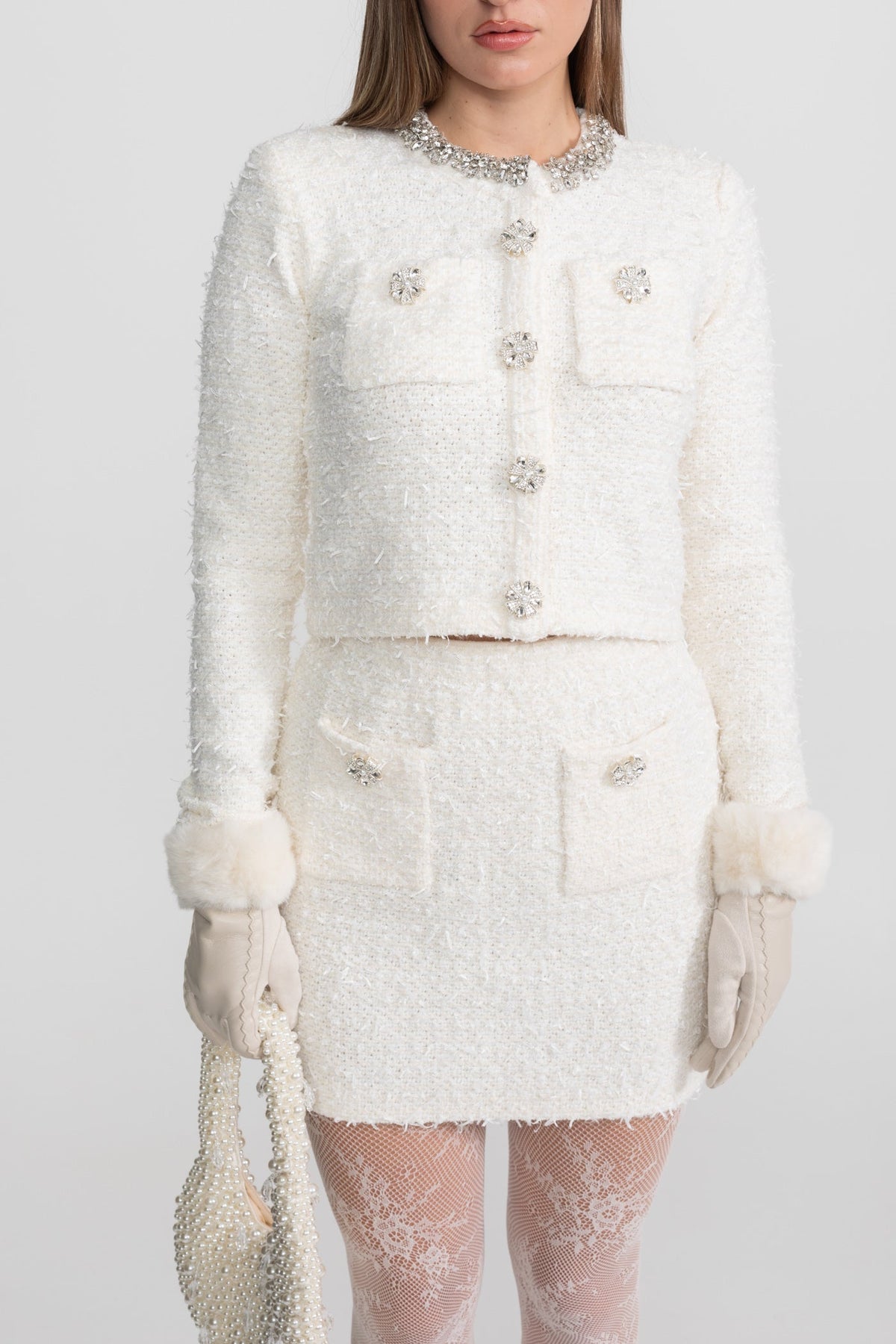 Cropped Boucle Tweed Blazer with Crystal Trim and Jewelled Buttons – White – view 7
