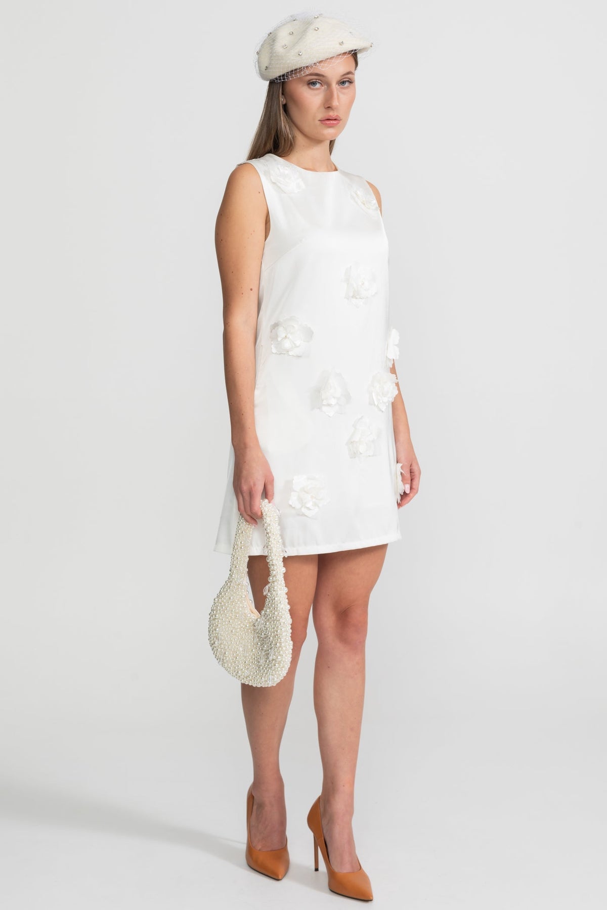 3D Floral Appliqué Round Neck Straight Mini Dress – White – view 4