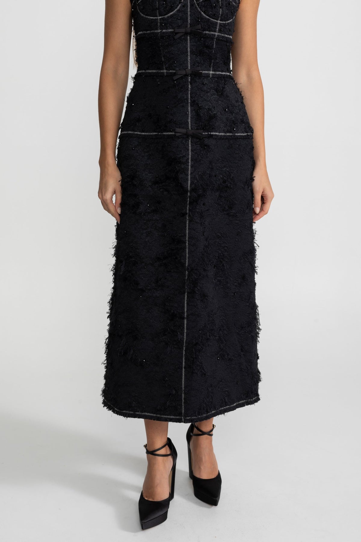 Tweed Bustier Midi Dress with Contrast Straps and Velvet Bows – Black – view 5