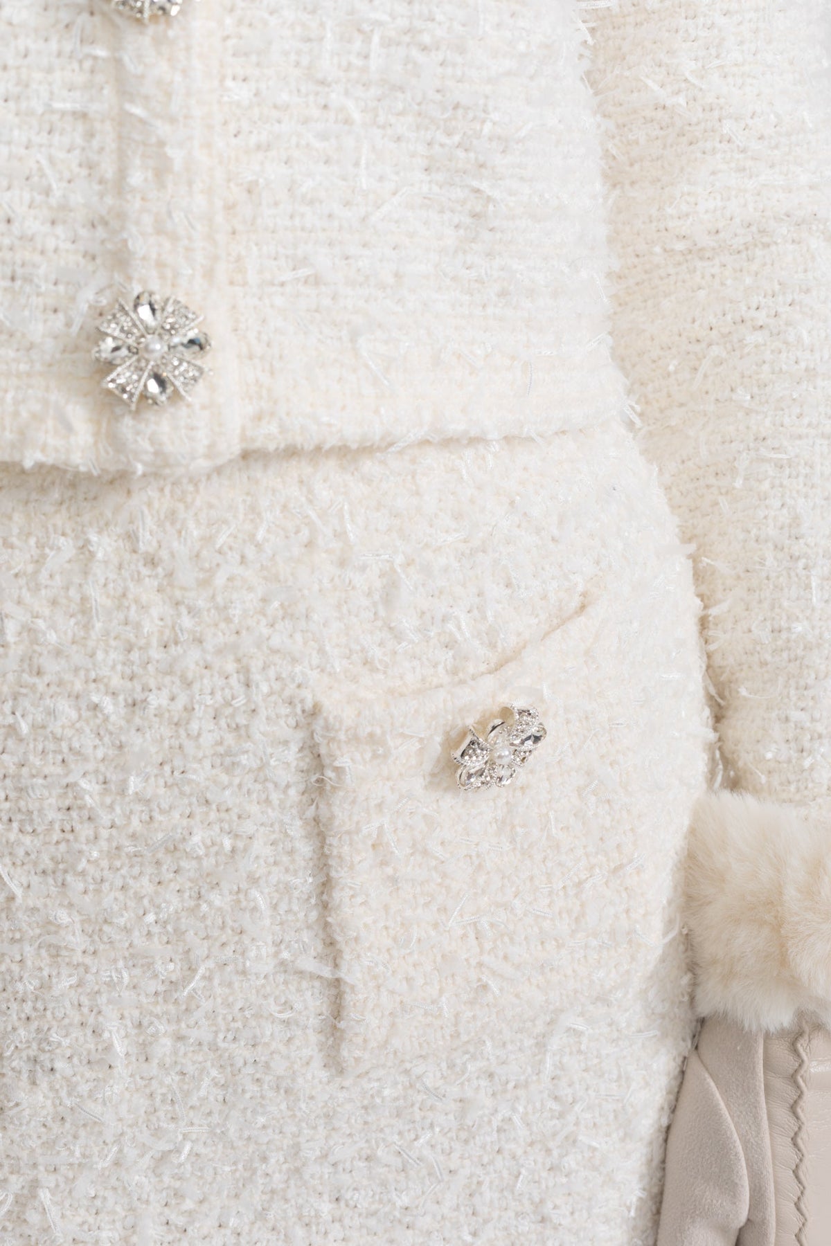 High Waisted Bouclé Tweed Mini Skirt with Crystal Buttons – White – view 4