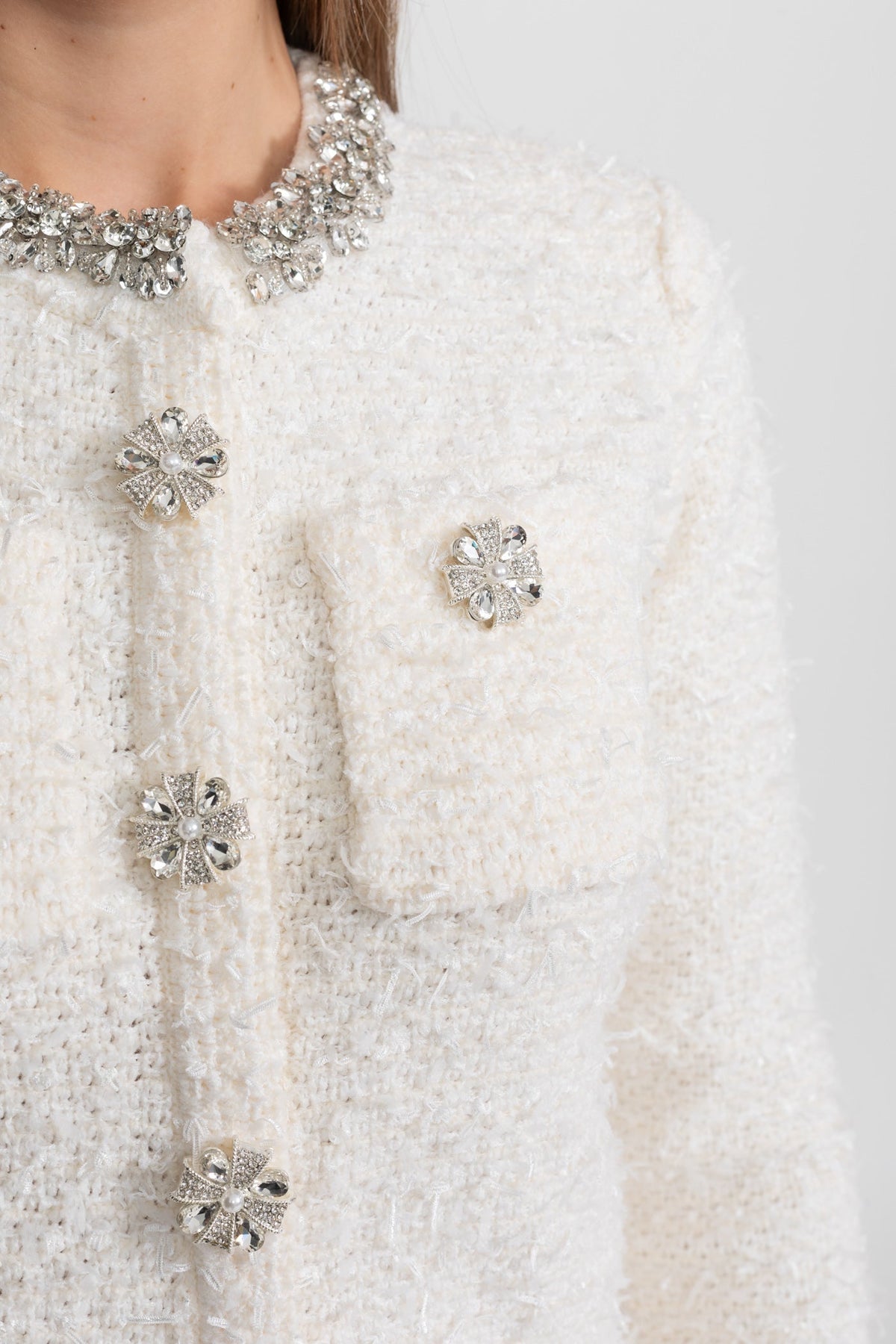 Cropped Boucle Tweed Blazer with Crystal Trim and Jewelled Buttons – White – view 8