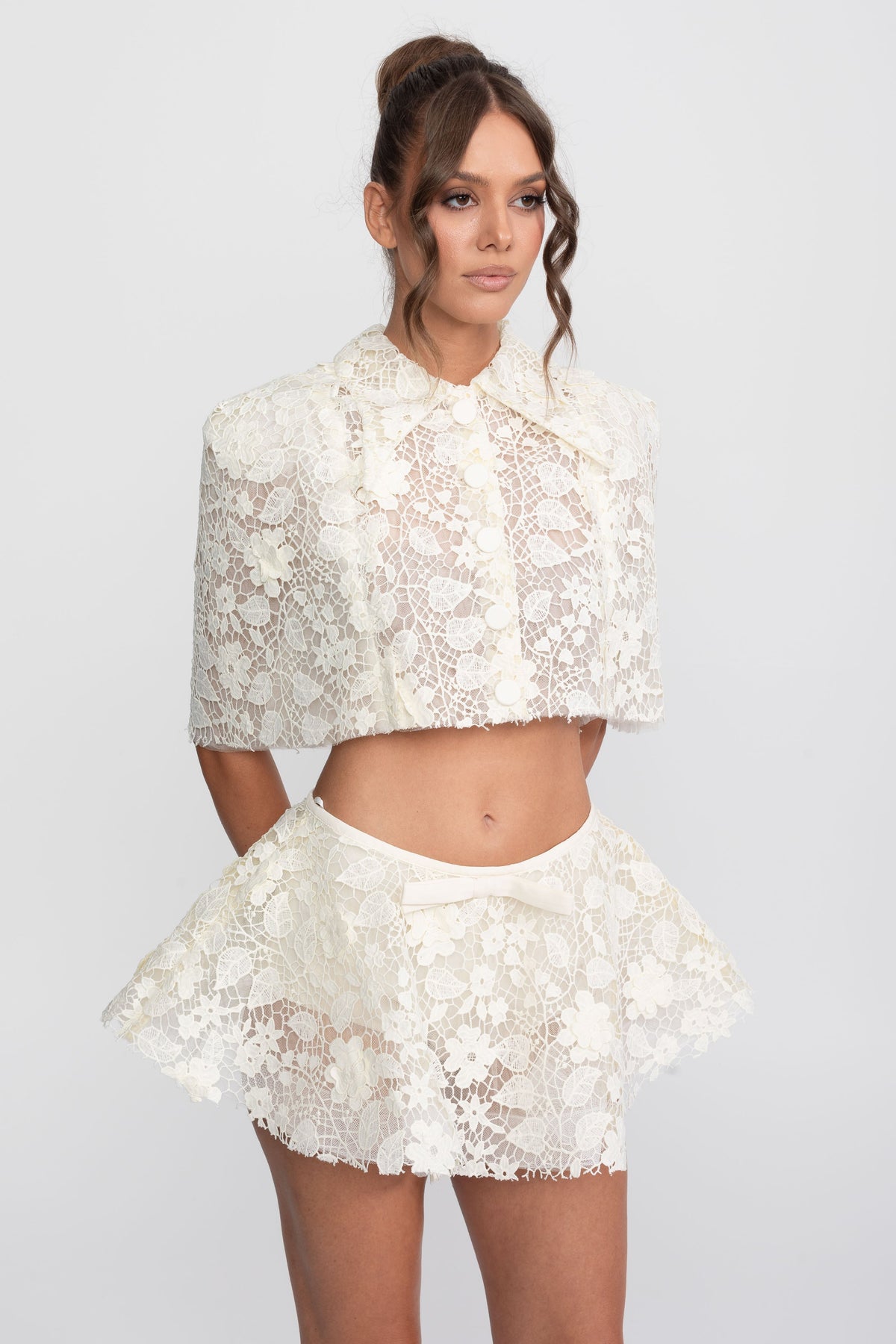 Floral Lace Button Cape and Bow Mini Skirt Co-ord Set – Ivory – view 6