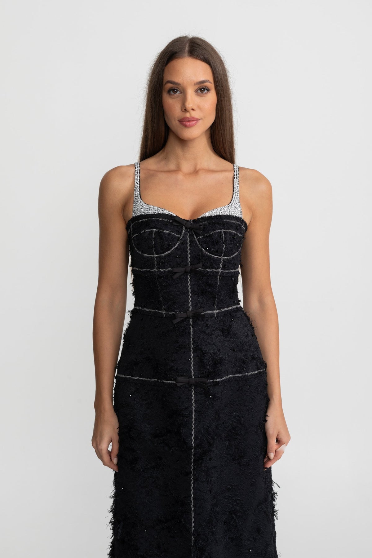 Tweed Bustier Midi Dress with Contrast Straps and Velvet Bows – Black – view 3