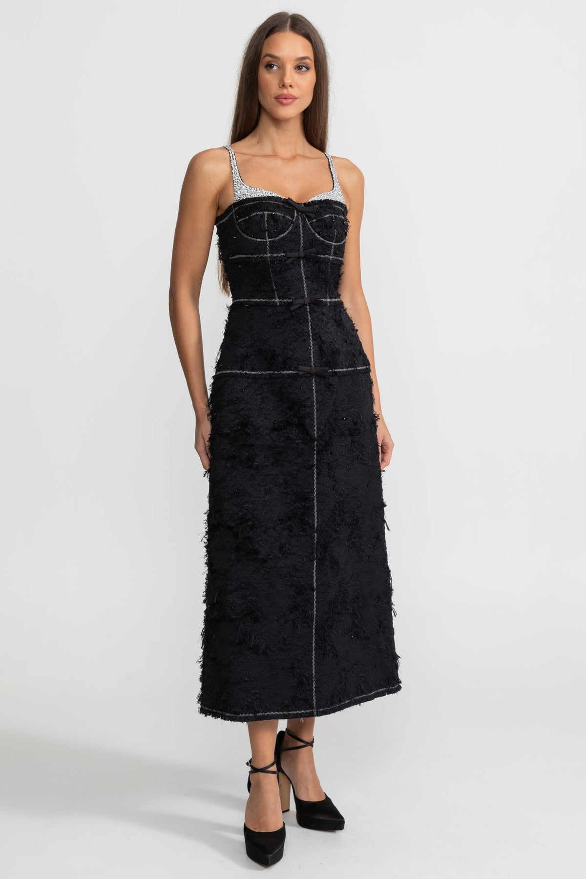 Tweed Bustier Midi Dress with Contrast Straps and Velvet Bows – Black – view 2