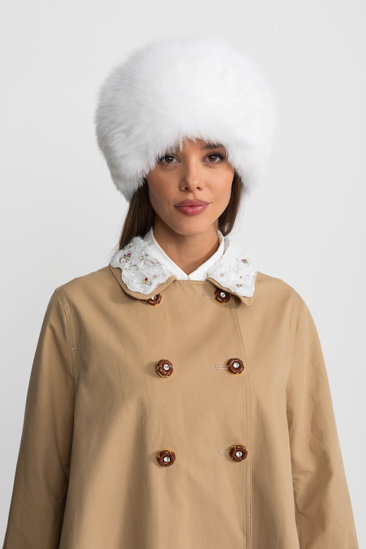 Double-Breasted A-Line Trench Mini Dress with Embroidered Collar – Camel