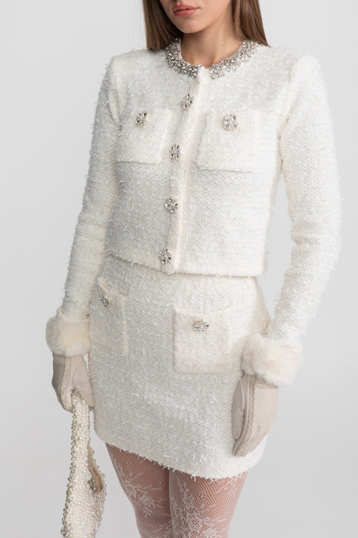 High Waisted Bouclé Tweed Mini Skirt with Crystal Buttons – White – view 8