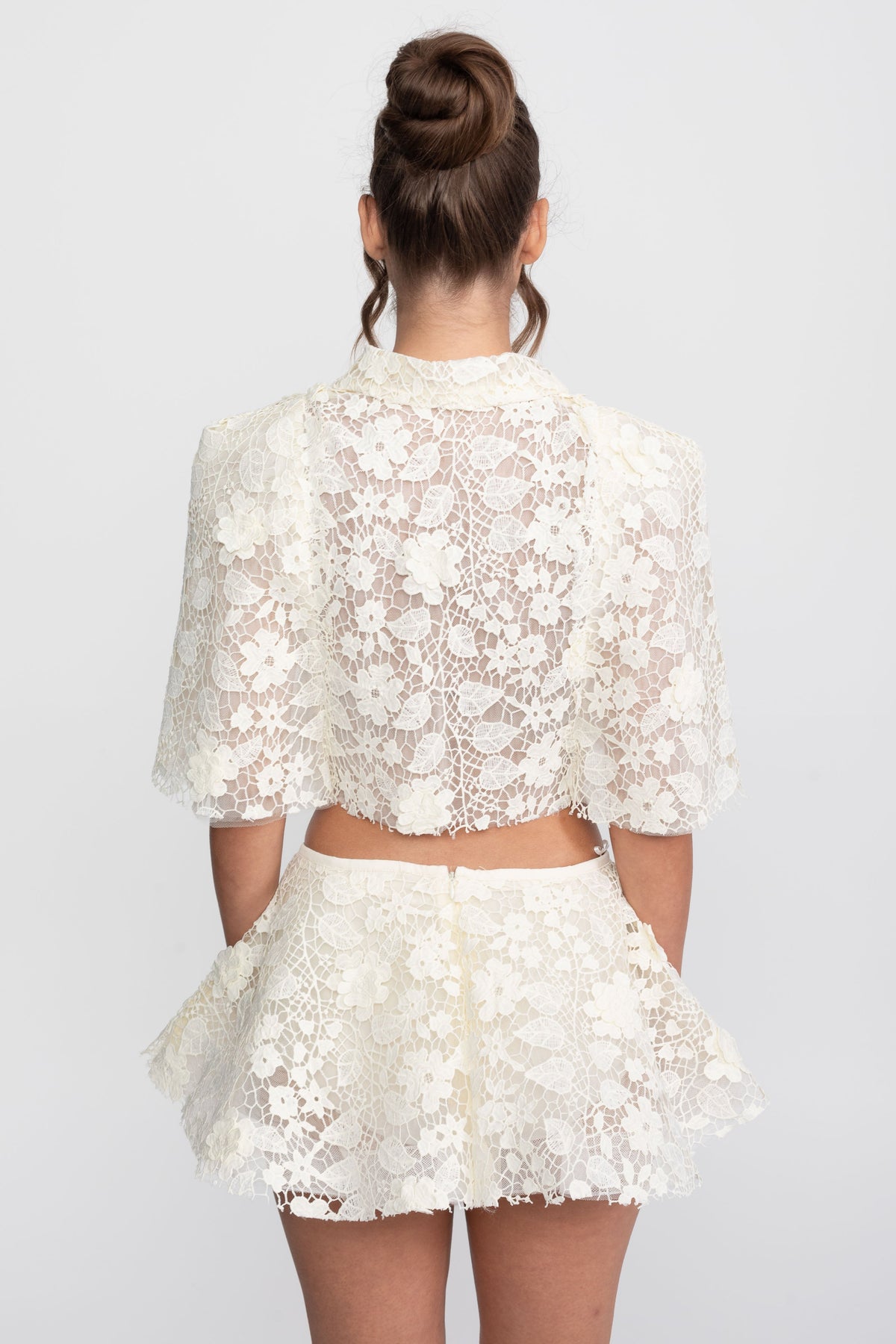 Floral Lace Button Cape and Bow Mini Skirt Co-ord Set – Ivory – view 13