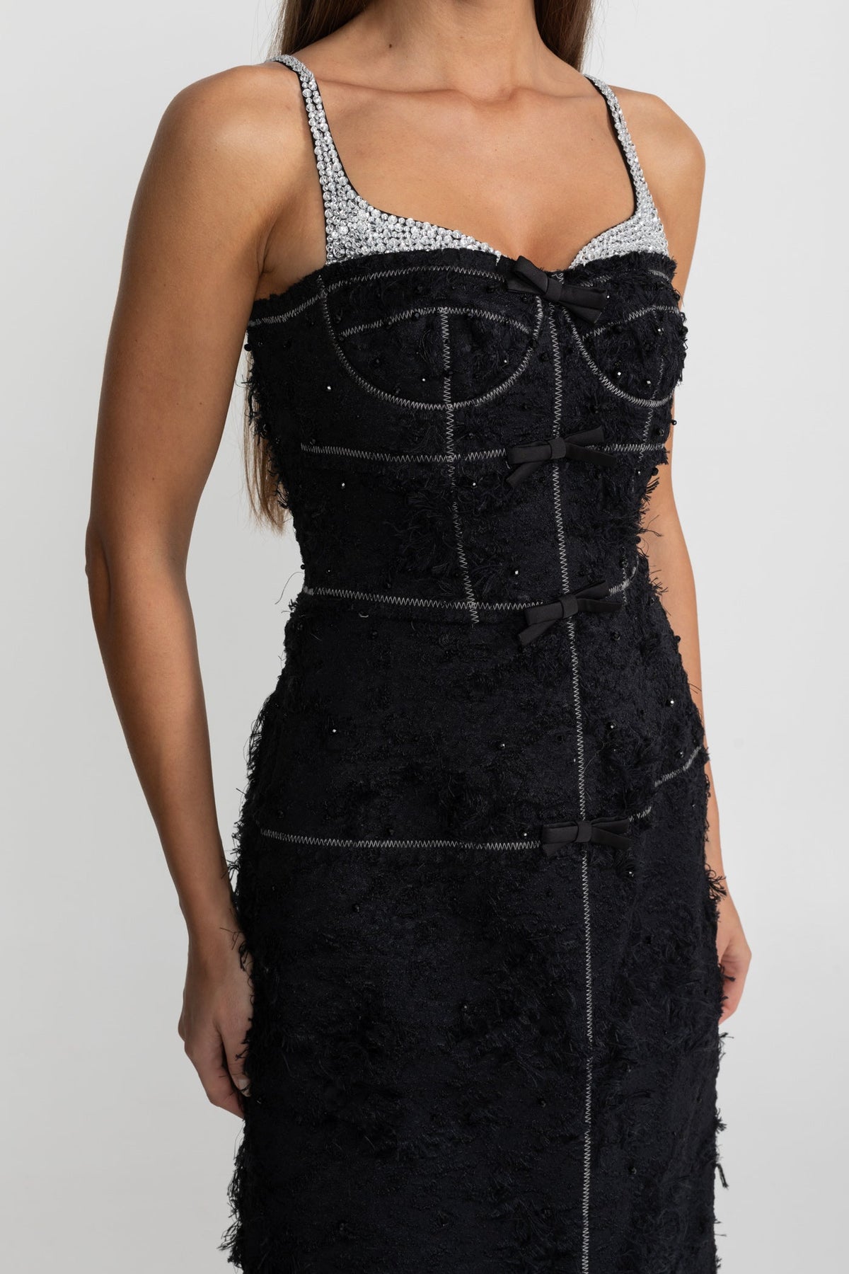 Tweed Bustier Midi Dress with Contrast Straps and Velvet Bows – Black – view 7