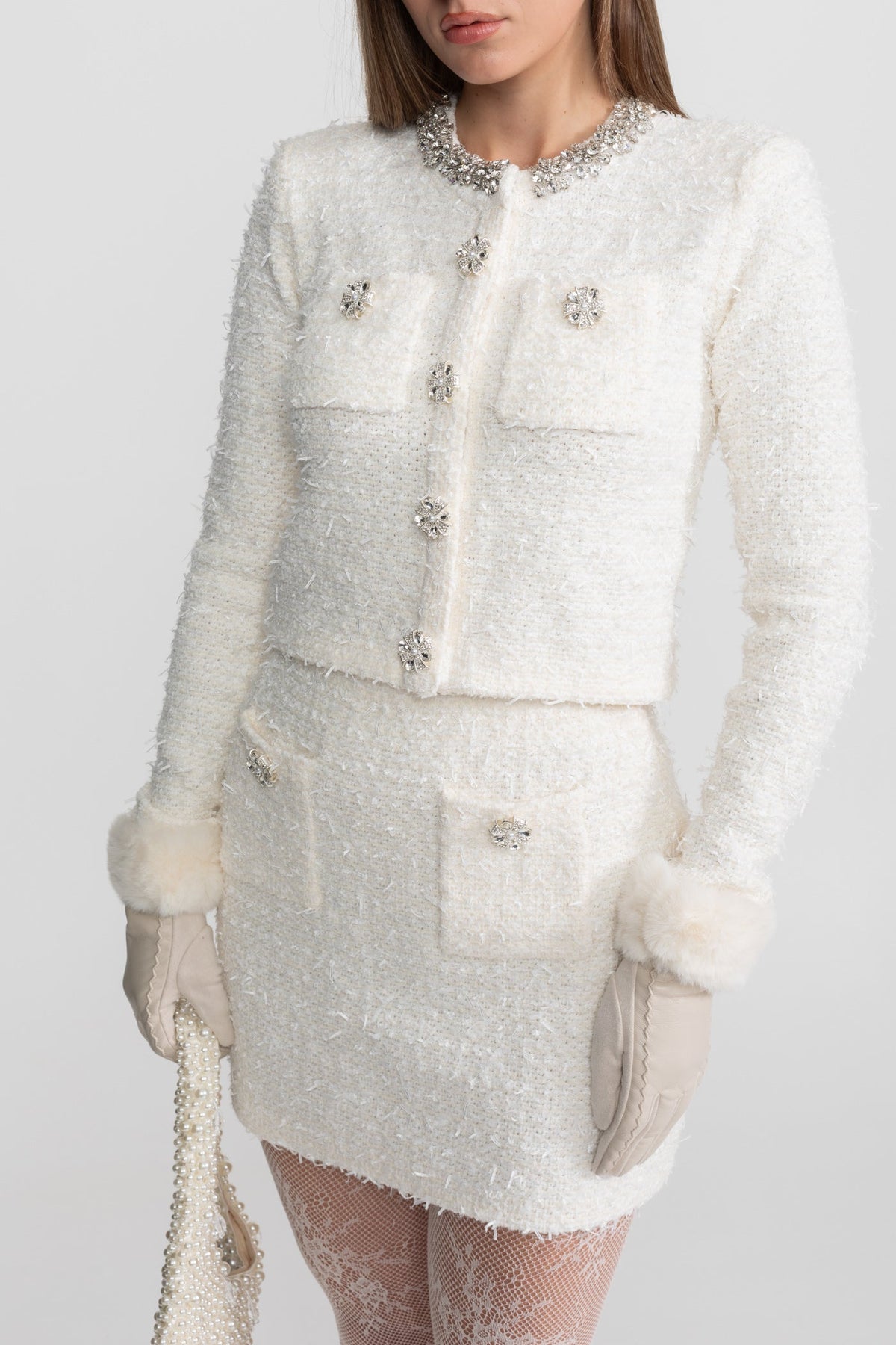 Cropped Boucle Tweed Blazer with Crystal Trim and Jewelled Buttons – White – view 9