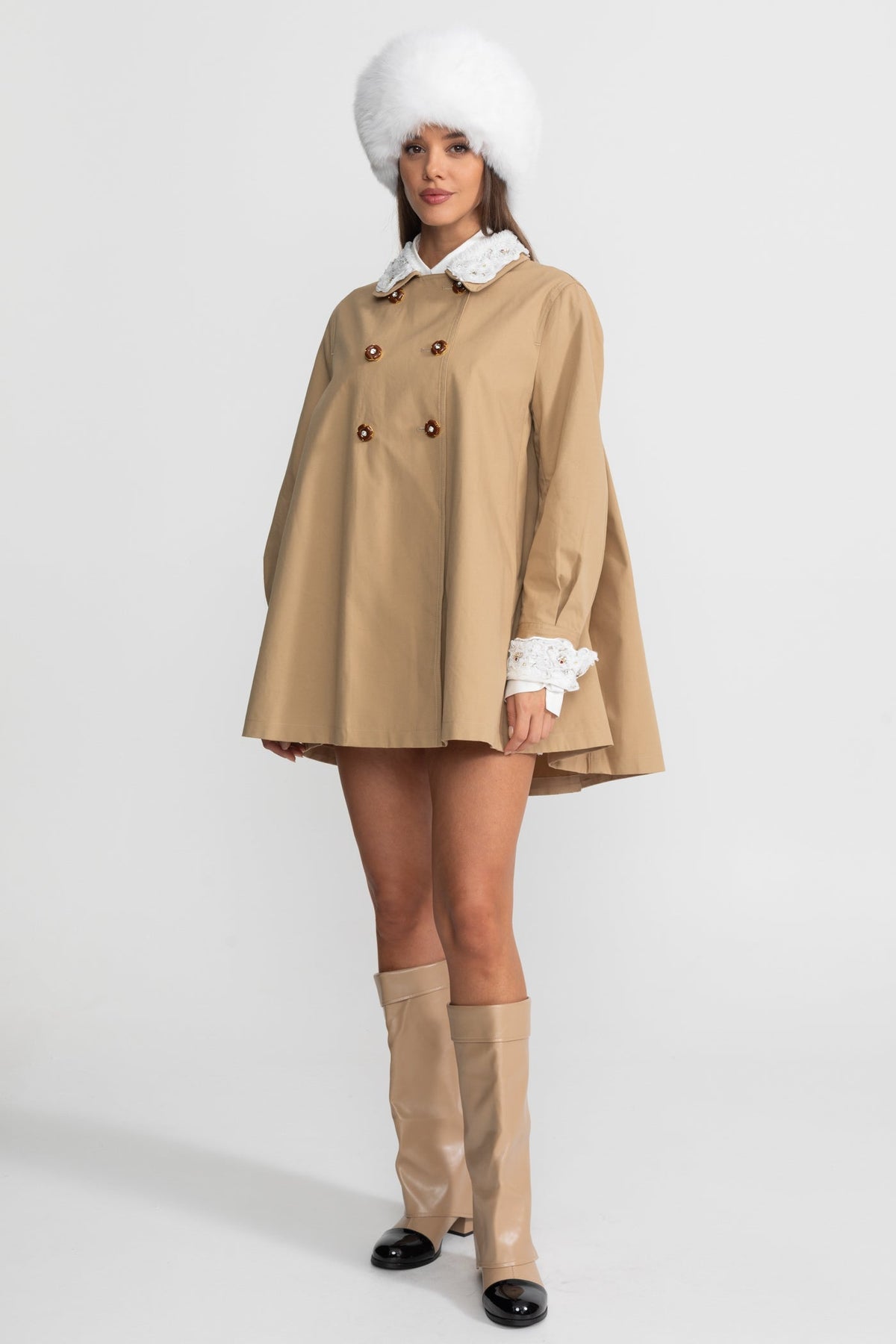 Double-Breasted A-Line Trench Mini Dress with Embroidered Collar – Camel – view 1