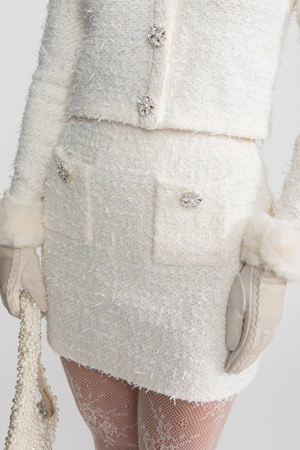 High Waisted Bouclé Tweed Mini Skirt with Crystal Buttons – White – view 3