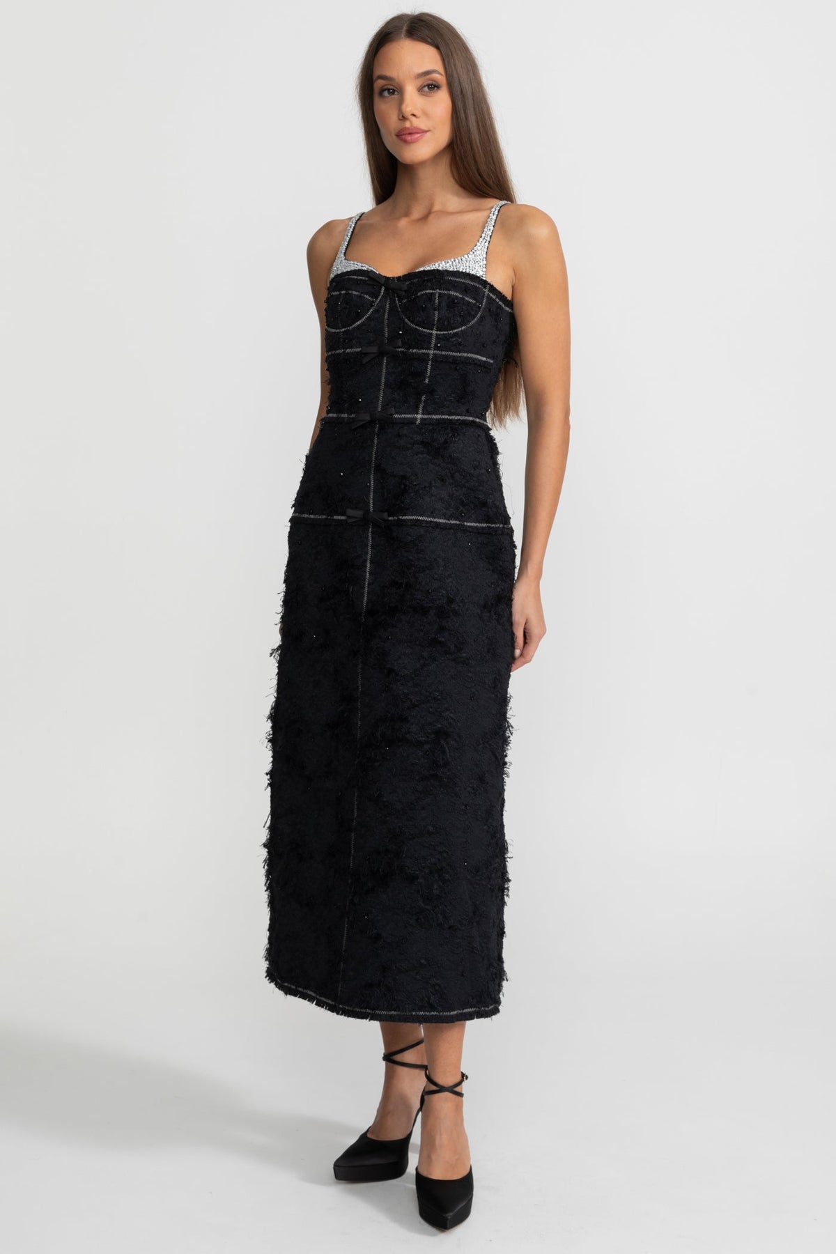 Tweed Bustier Midi Dress with Contrast Straps and Velvet Bows – Black – view 4