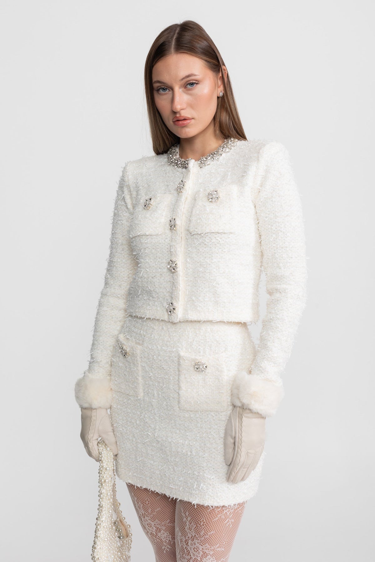 Cropped Boucle Tweed Blazer with Crystal Trim and Jewelled Buttons – White – view 10