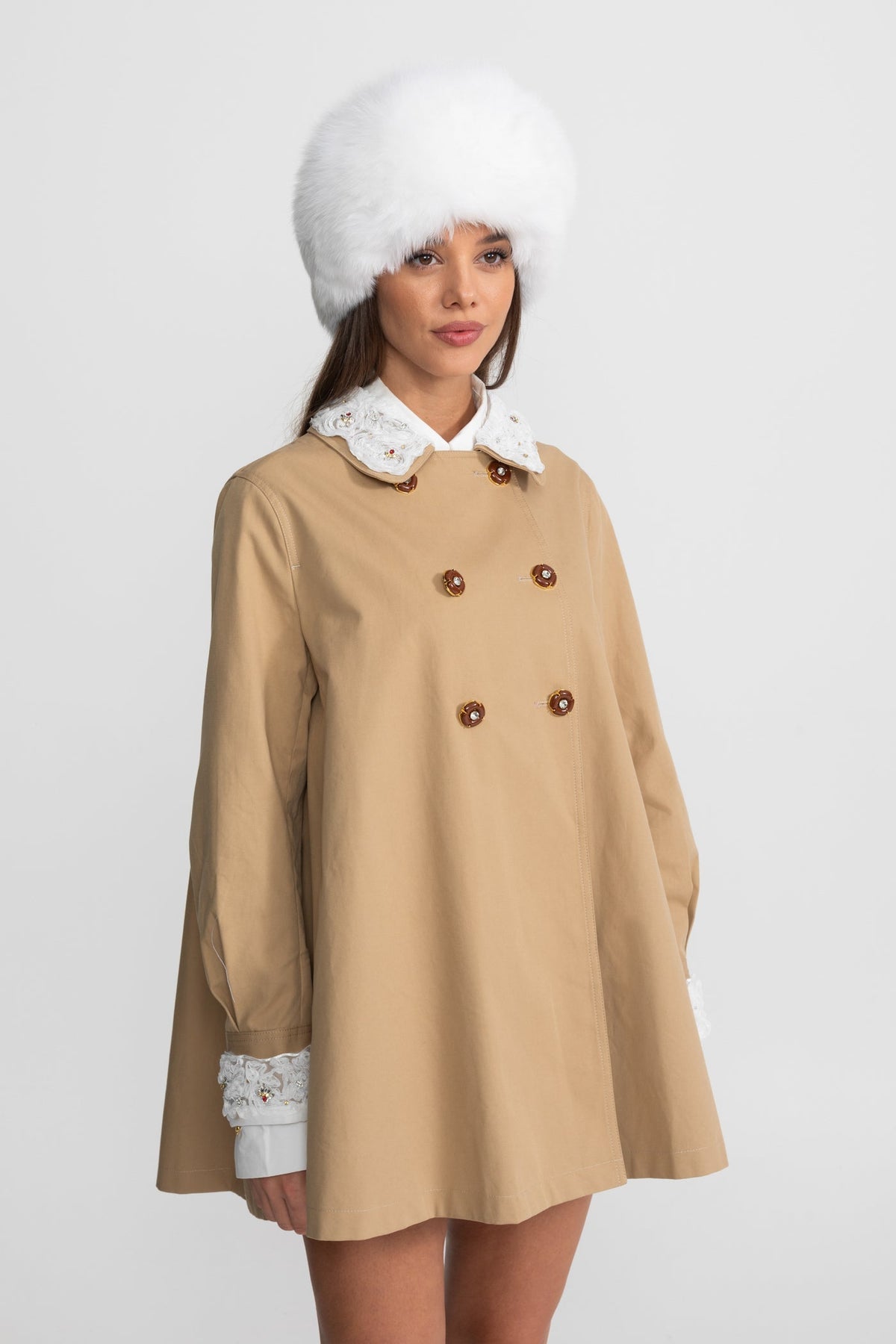 Double-Breasted A-Line Trench Mini Dress with Embroidered Collar – Camel