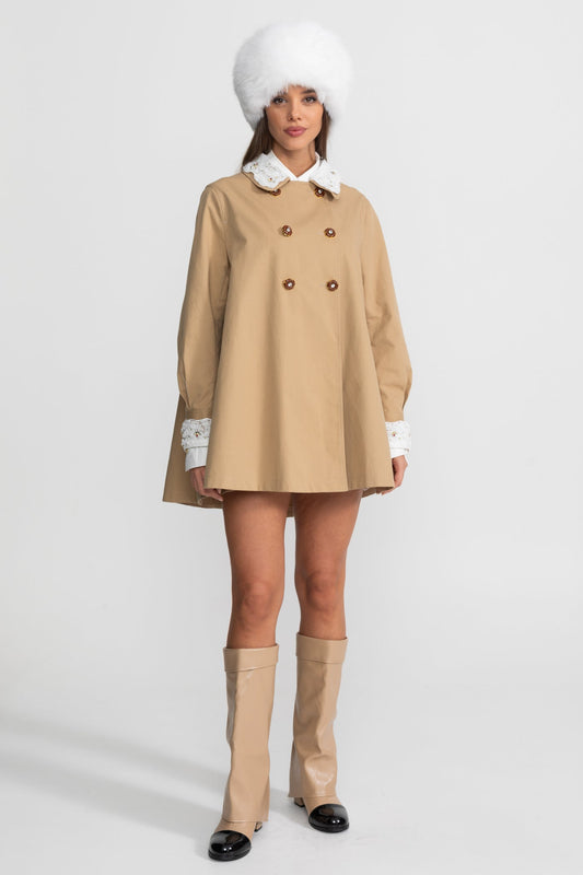 Double-Breasted A-Line Trench Mini Dress with Embroidered Collar – Camel
