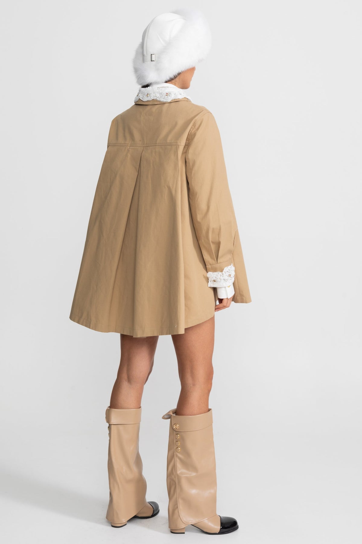 Double-Breasted A-Line Trench Mini Dress with Embroidered Collar – Camel