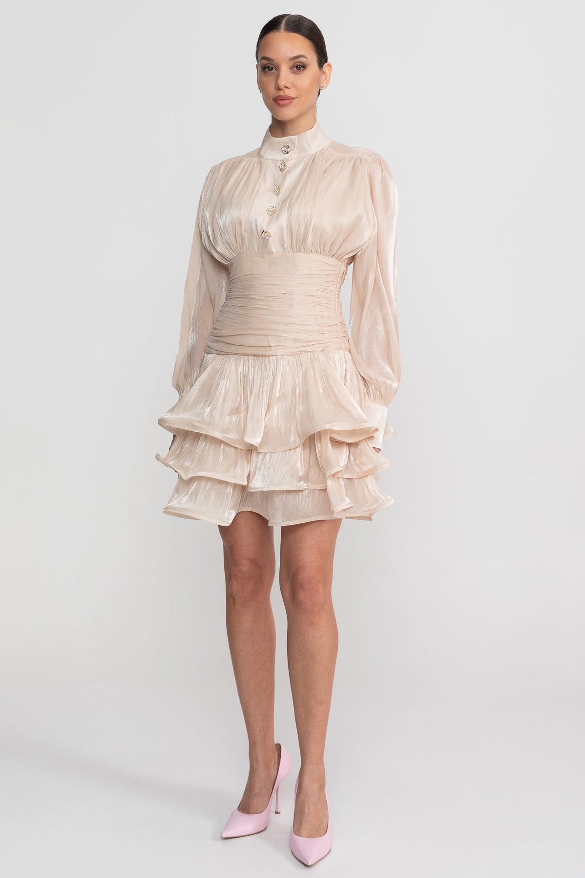 Stand Collar Balloon Sleeve Mini Dress with Tiered Ruffle Skirt – Champagne – view 10