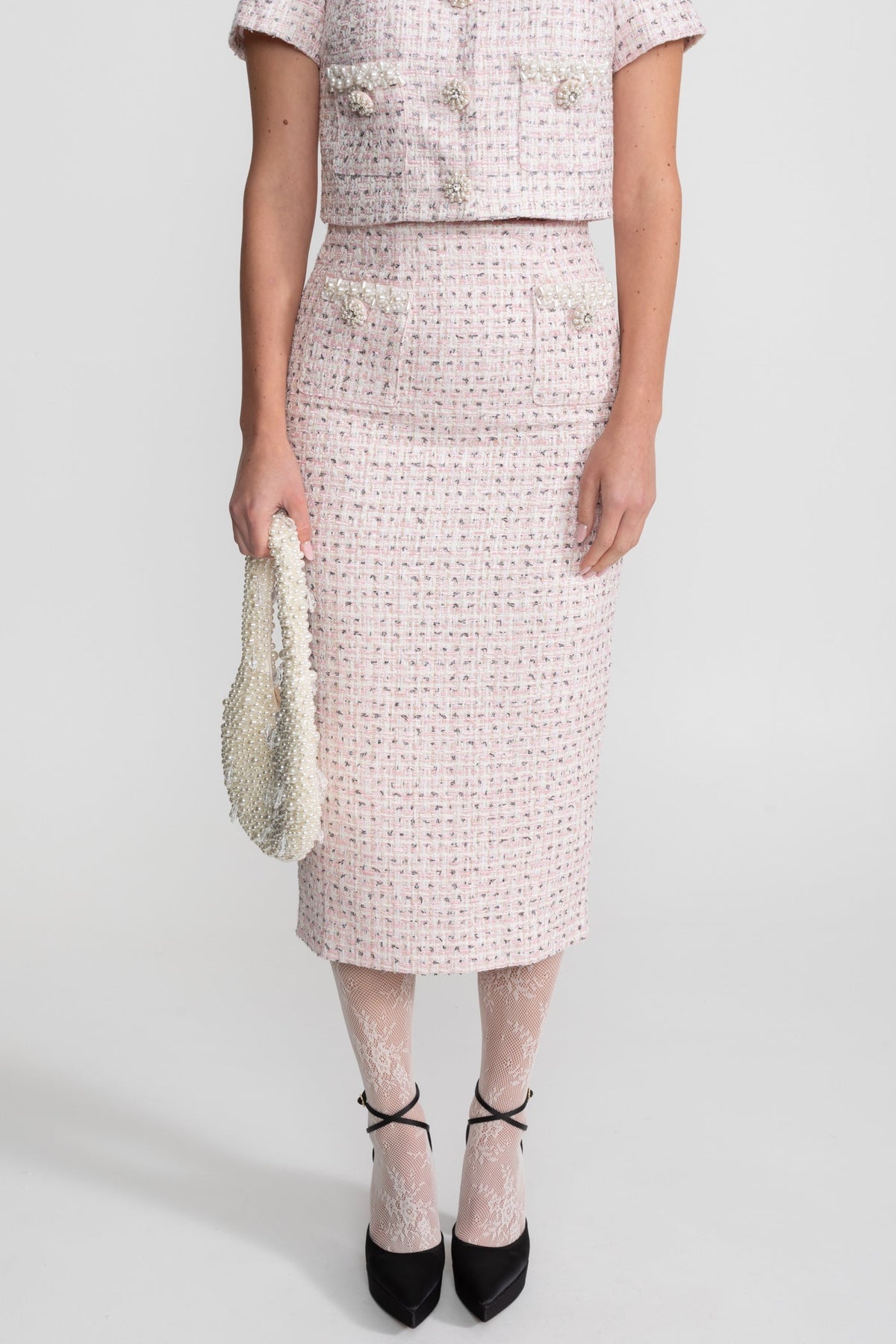 High Waisted Tweed Midi Skirt with Pearl Trim Buttons – Pink – view 4